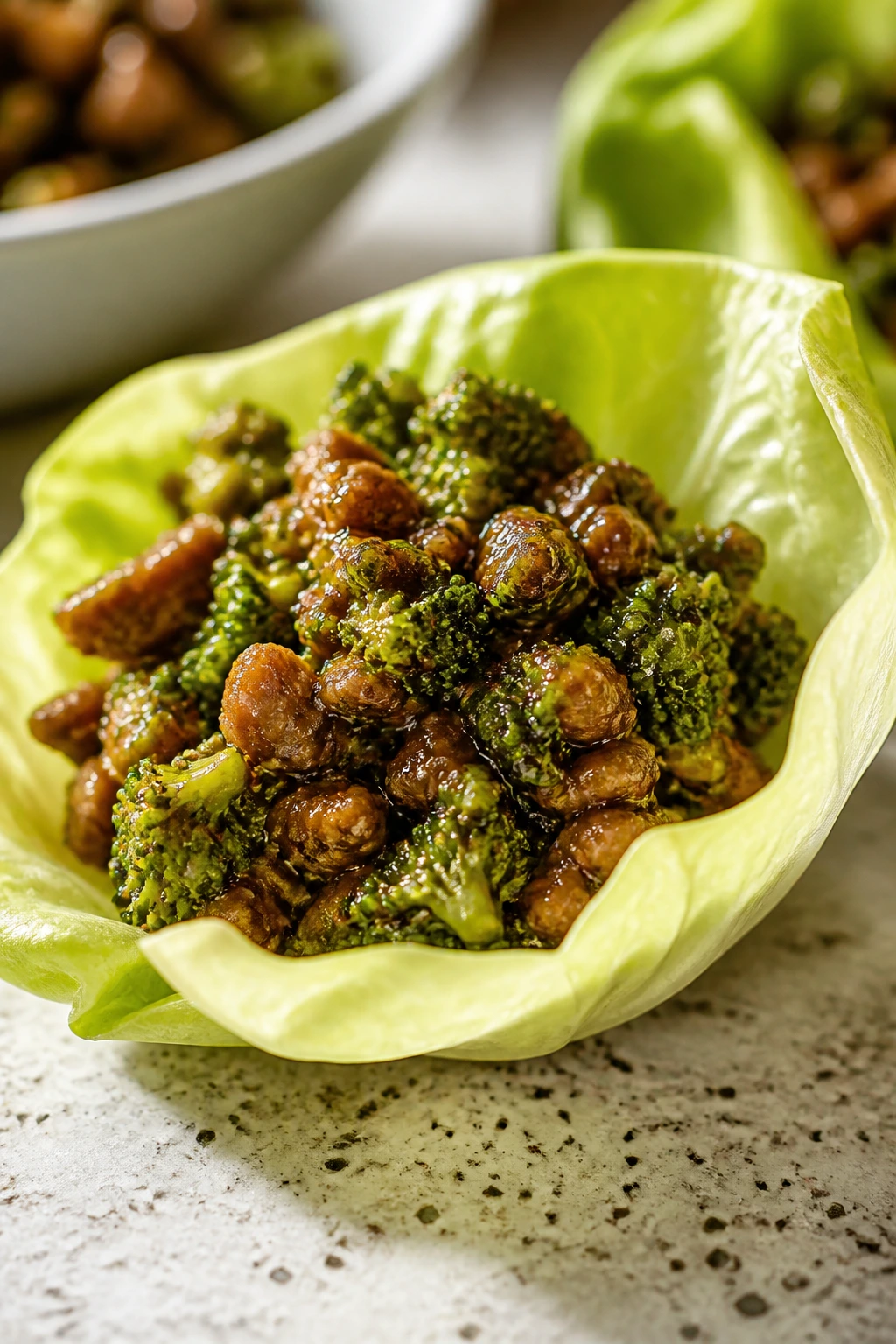 Close-up of hamburger broccoli lettuce wrap on a butter lettuce leaf