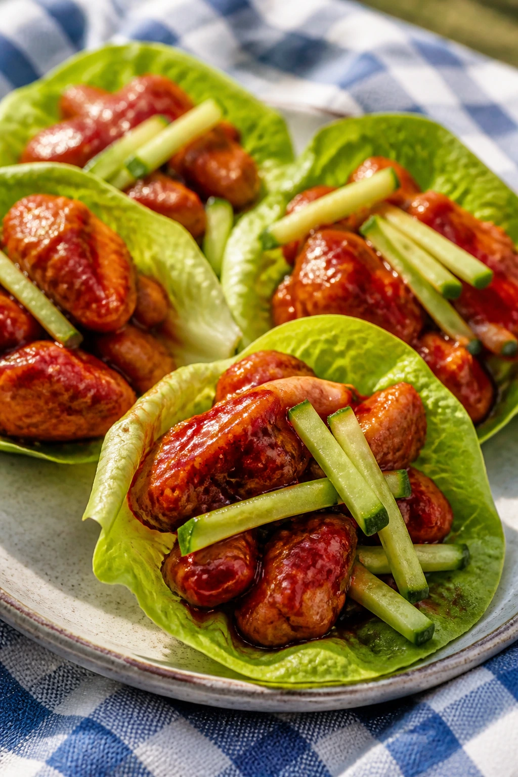 Close-up of gochujang chicken lettuce wraps on a rustic plate outdoors
