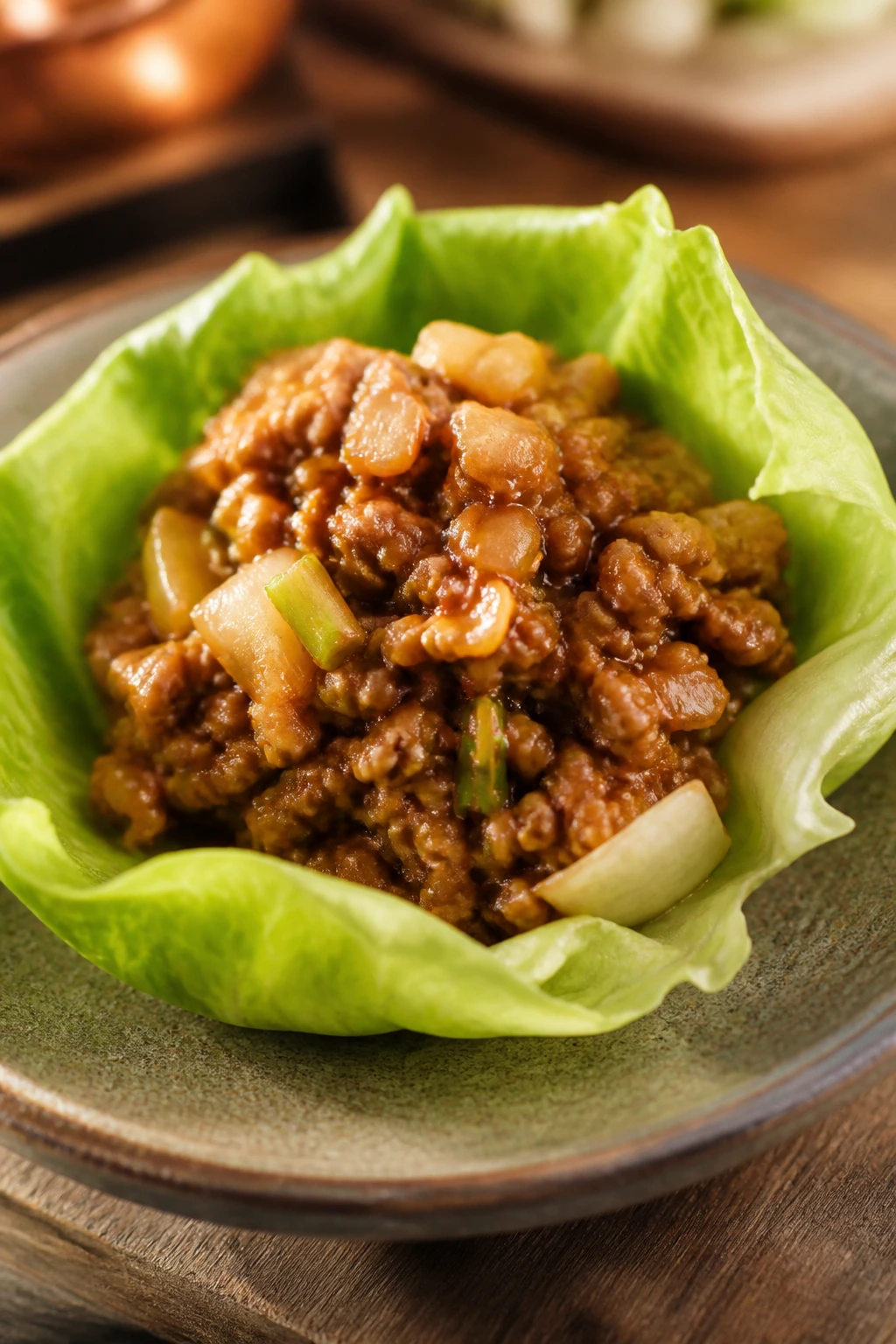 Close-up of a lettuce cup filled with chicken filling
