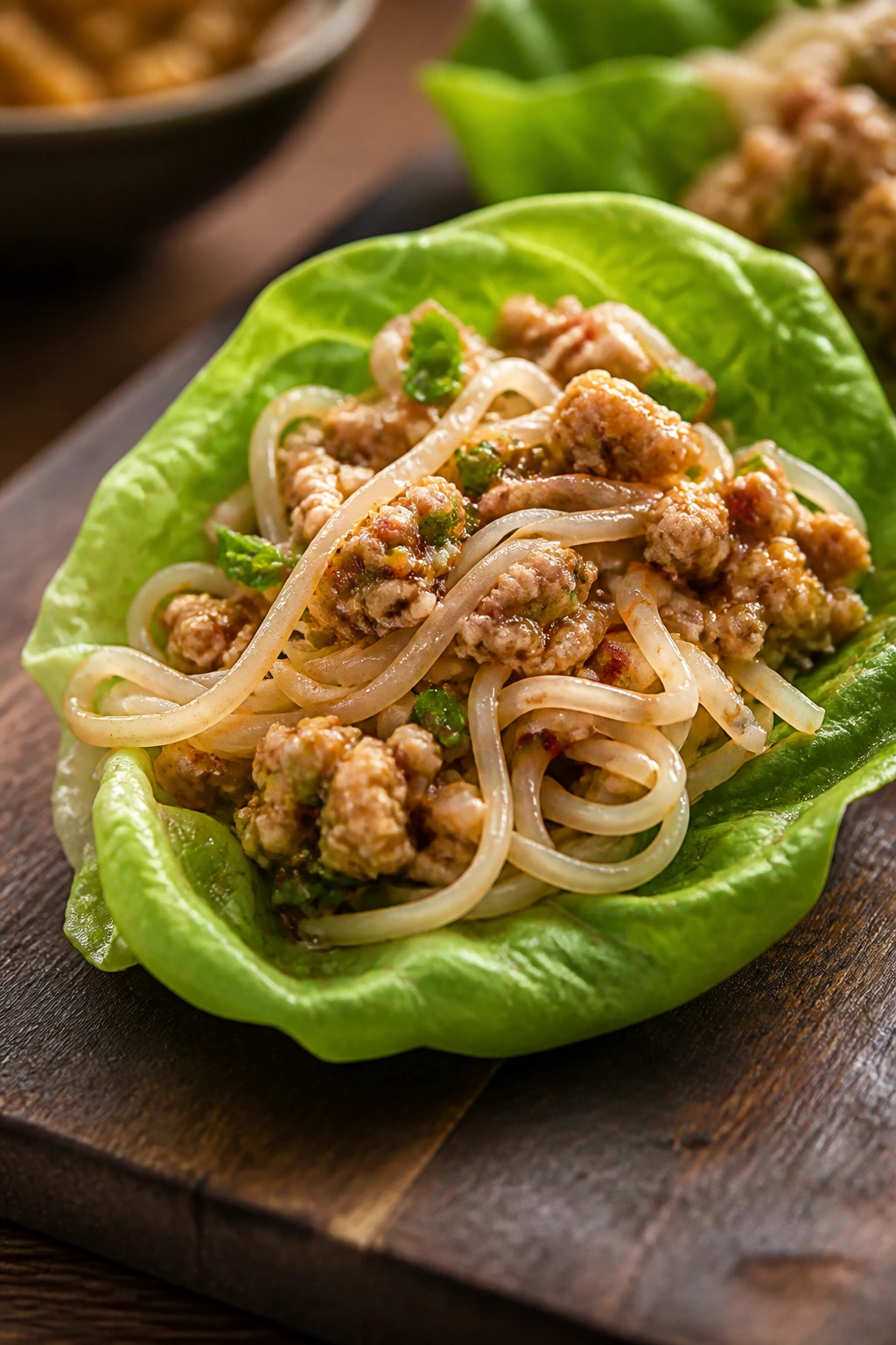 Lettuce wrap with ground chicken and rice noodles