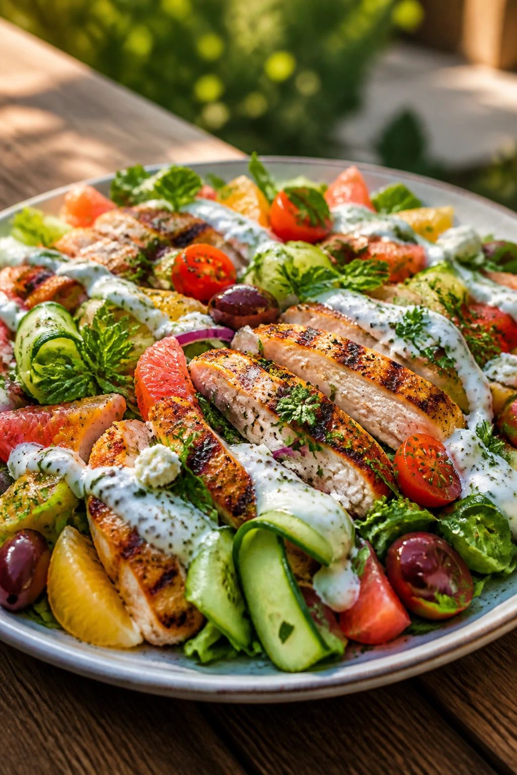 Close-up of vibrant grilled chicken salad with tomatoes, cucumbers, herbs, olives on a plate in warm outdoor light