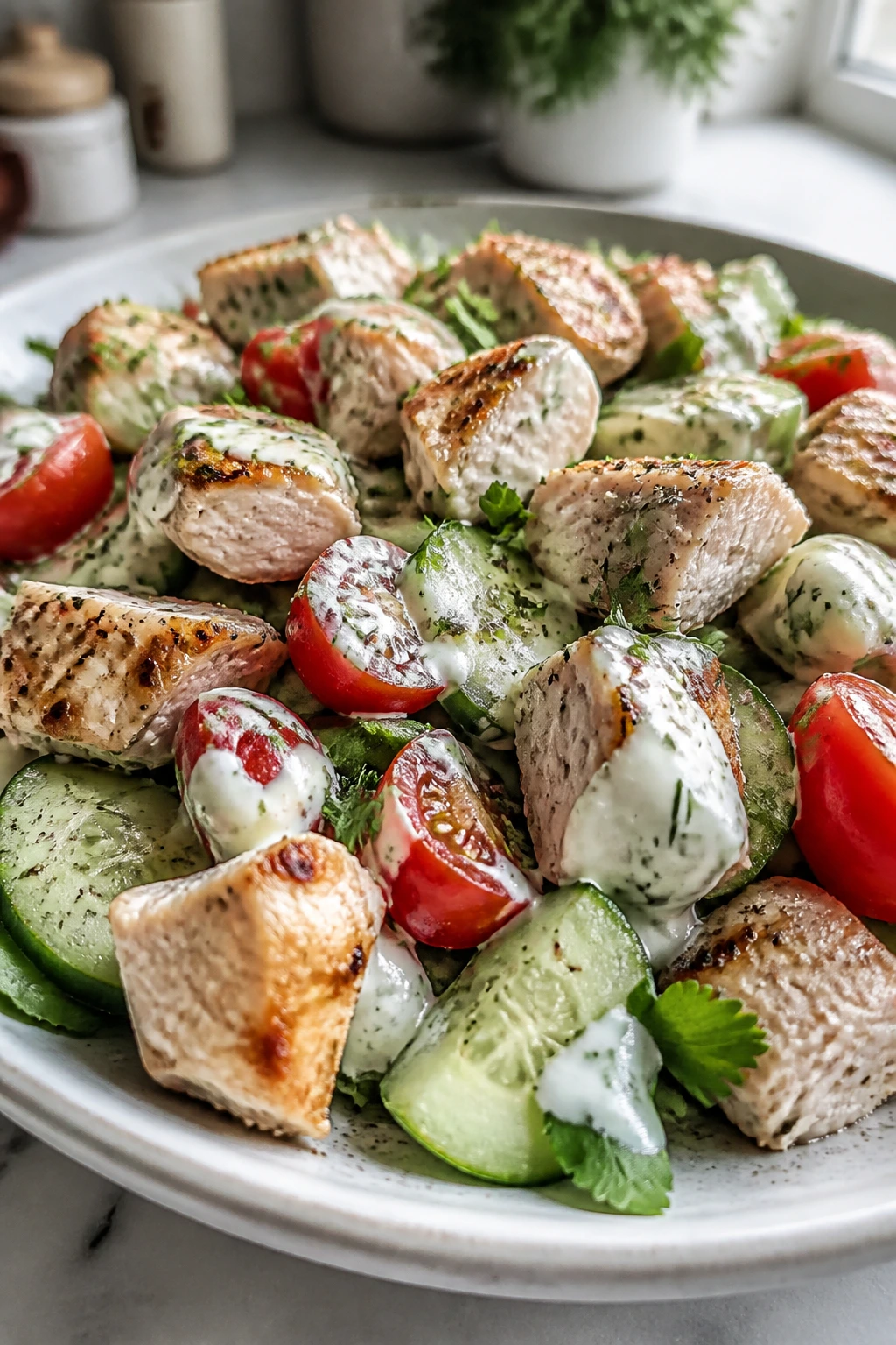 Bright chicken salad with crisp vegetables and yogurt dressing illustrating light on the plate