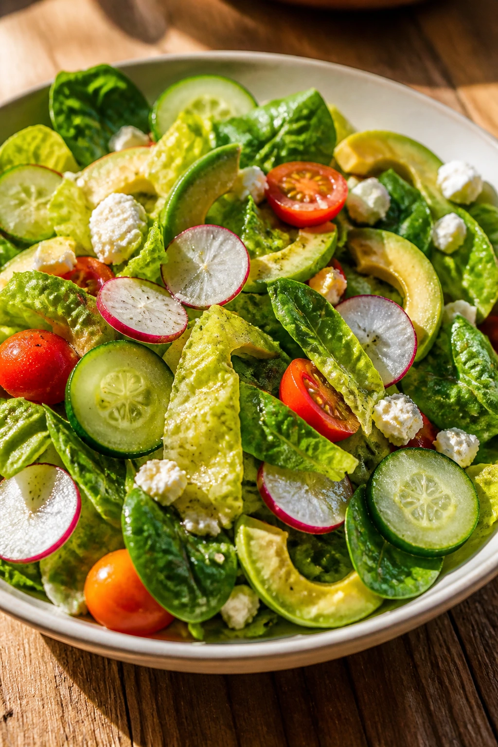 Close-up of a bright, light salad with romaine, cucumber, spinach, tomato, radish and avocado on a wooden table