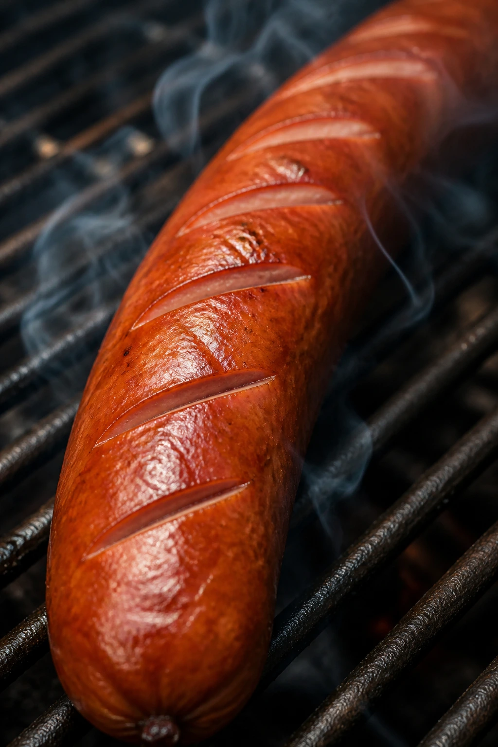Close-up of lightly scored smoked sausage on a grill with smoke