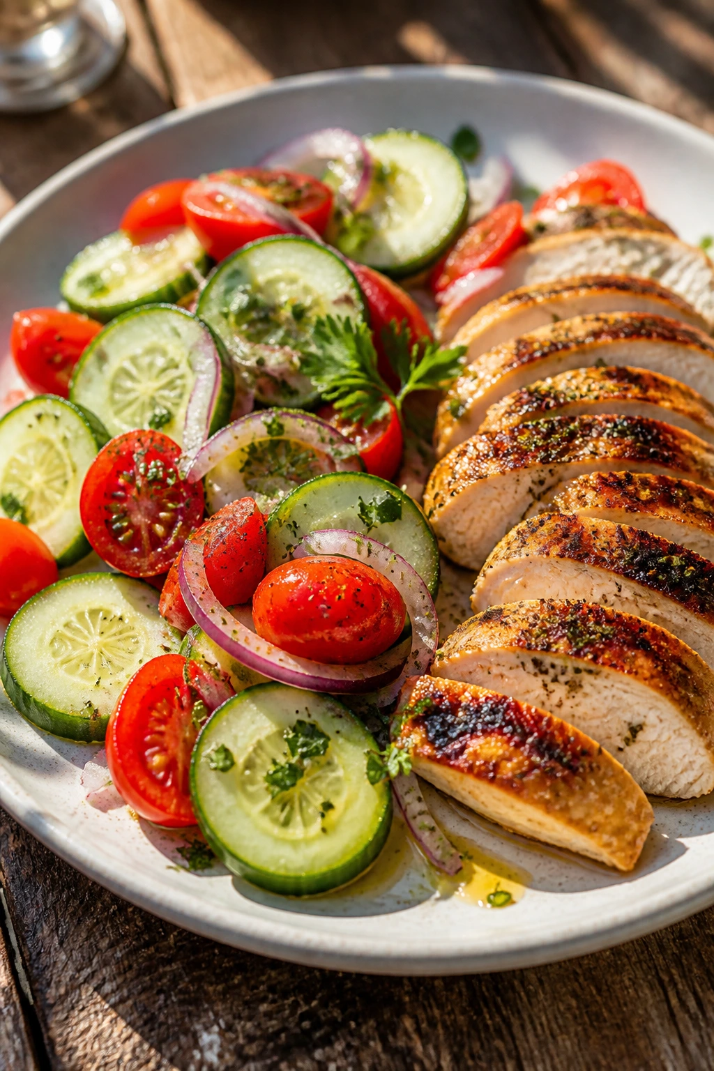 Bright cucumber-tomato salad plate on sunny outdoor table
