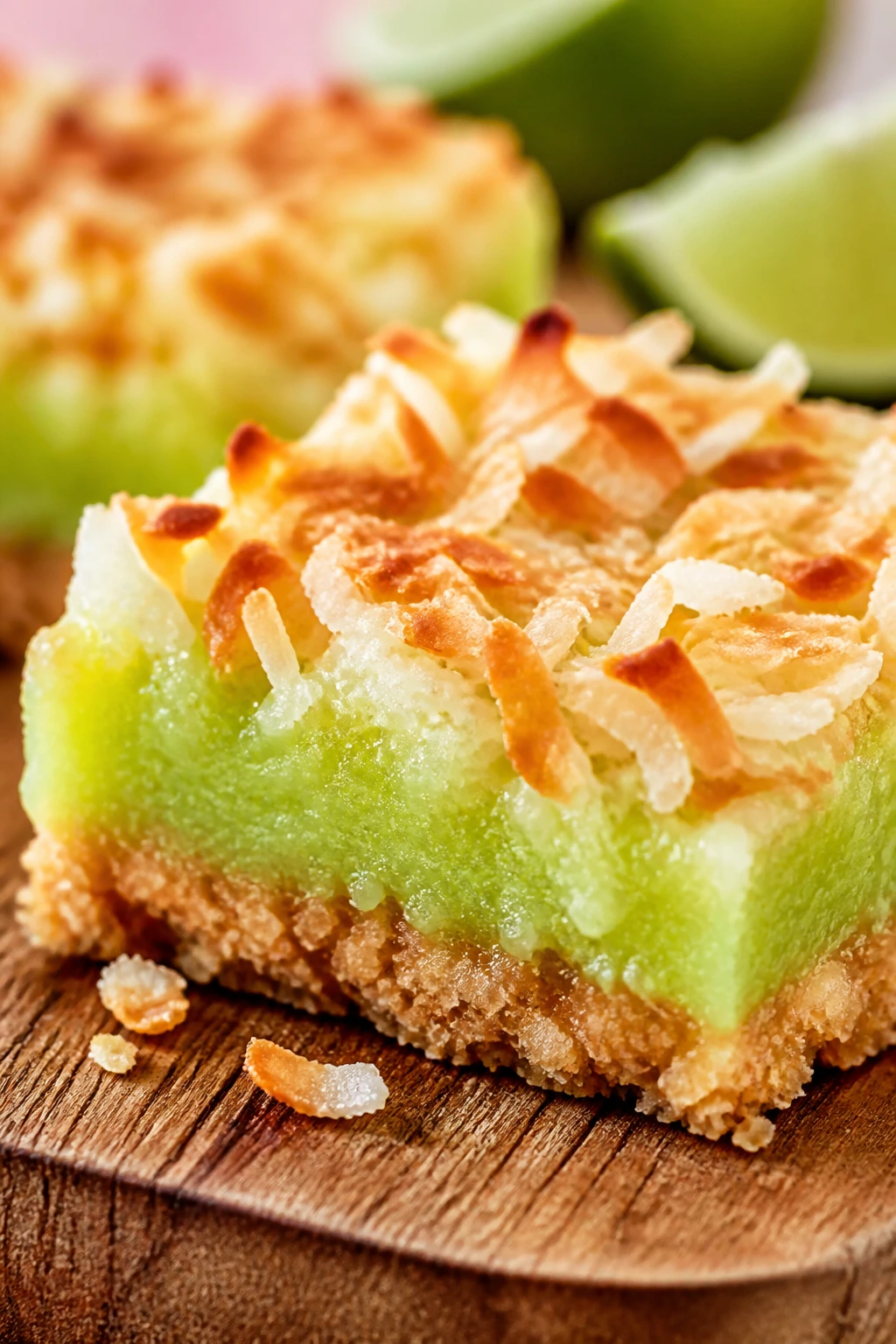 Close-up of coconut lime bar with toasted coconut topping