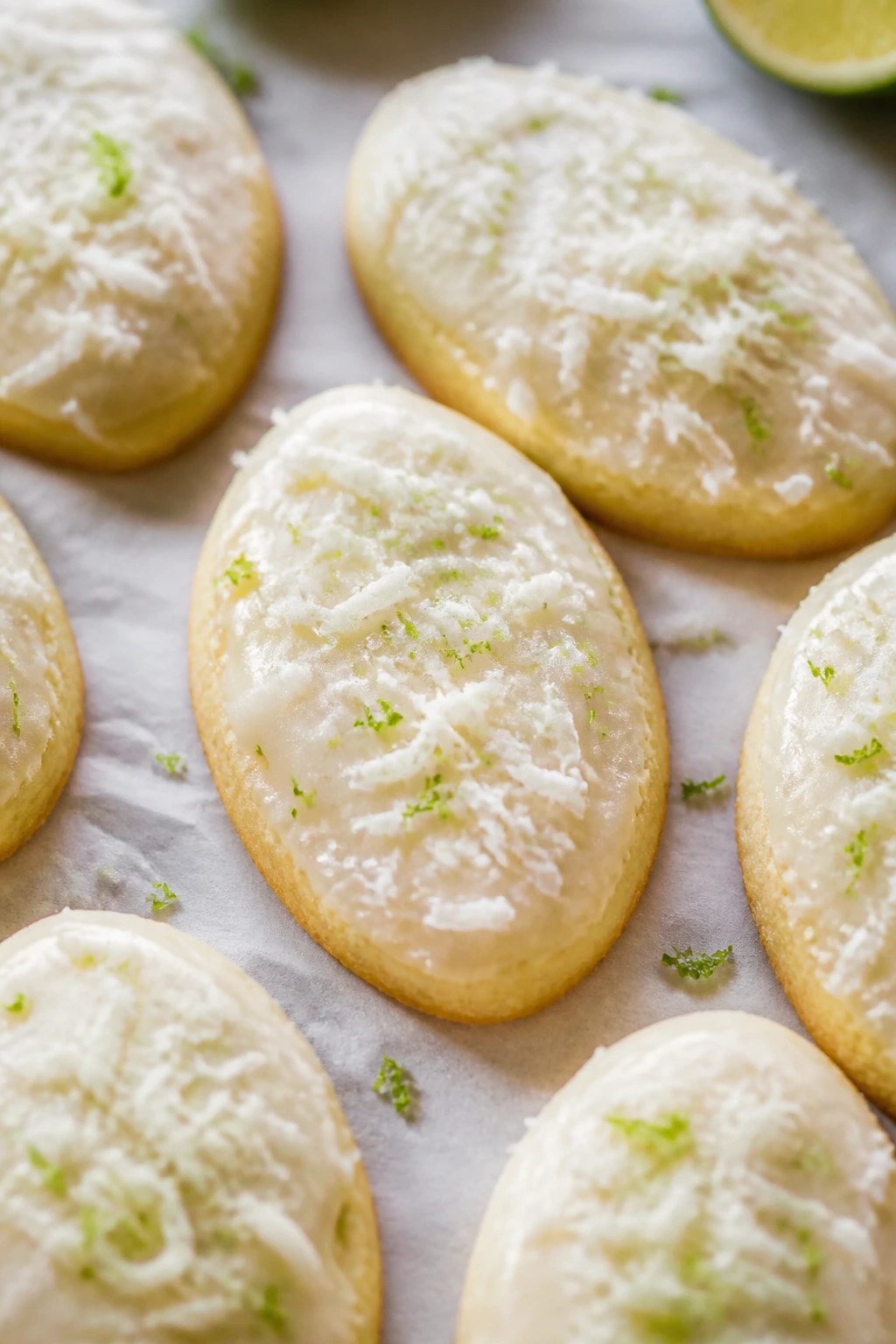 Close-up of lime coconut egg cookies on parchment