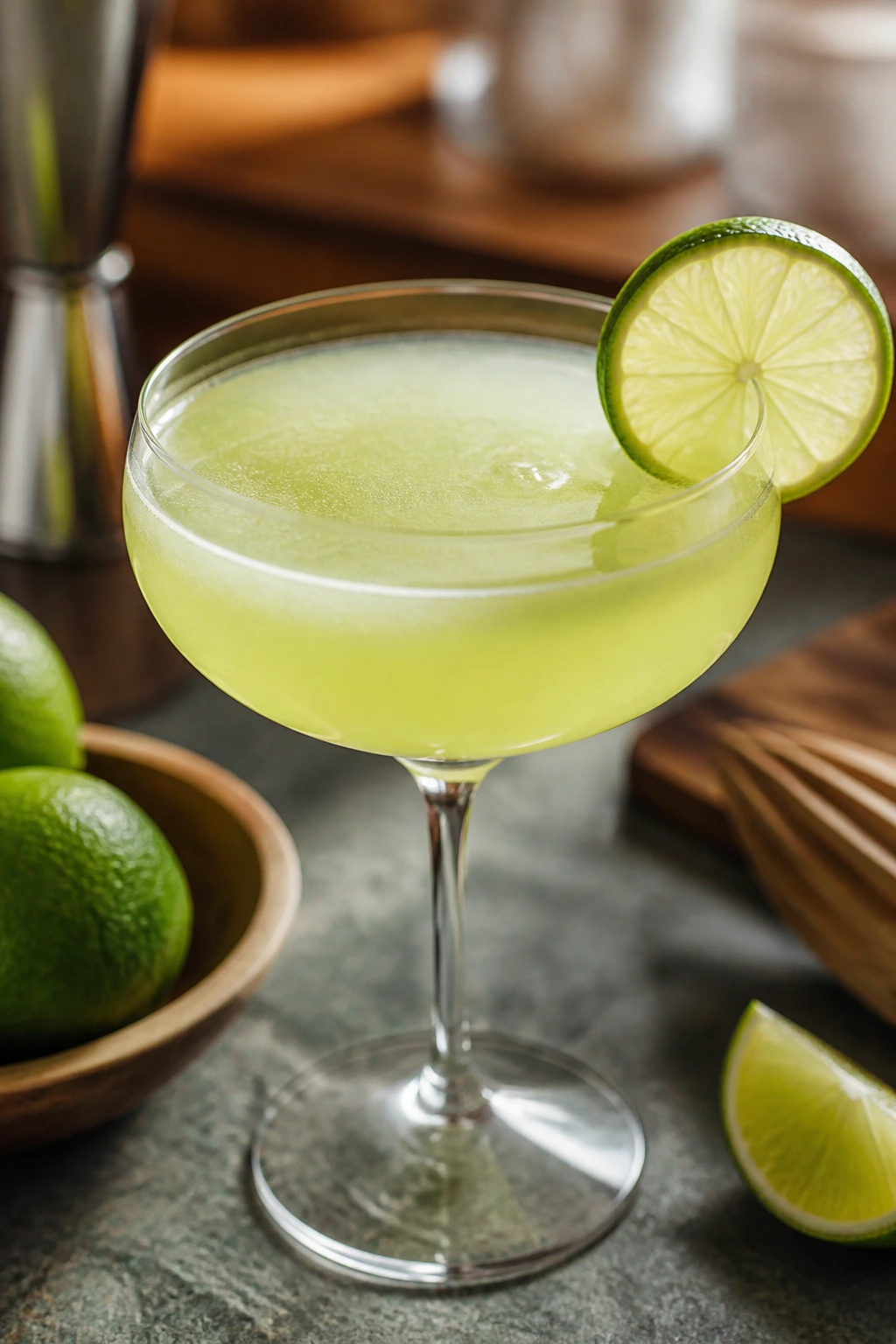 Lime Daiquiri in a chilled glass with lime wheel garnish