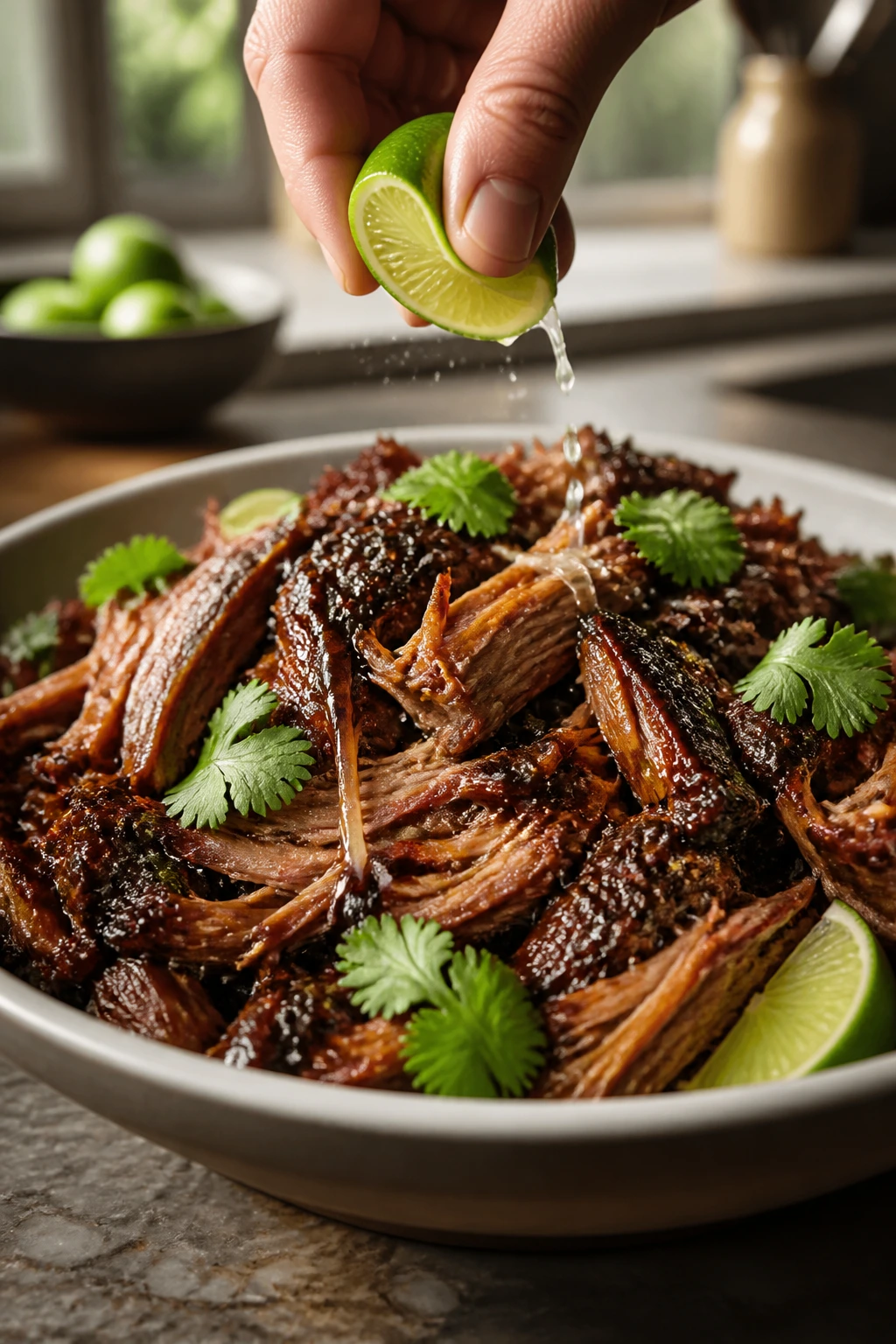 Hand finishing shredded pork with lime over a glossy sauce in a shallow bowl