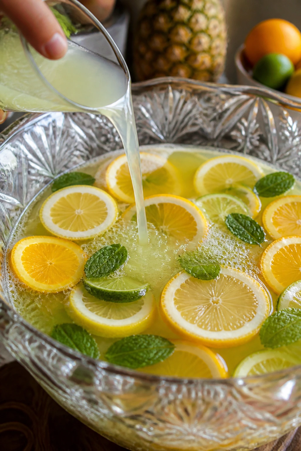 Lime juice pouring into crystal punch bowl with citrus and mint