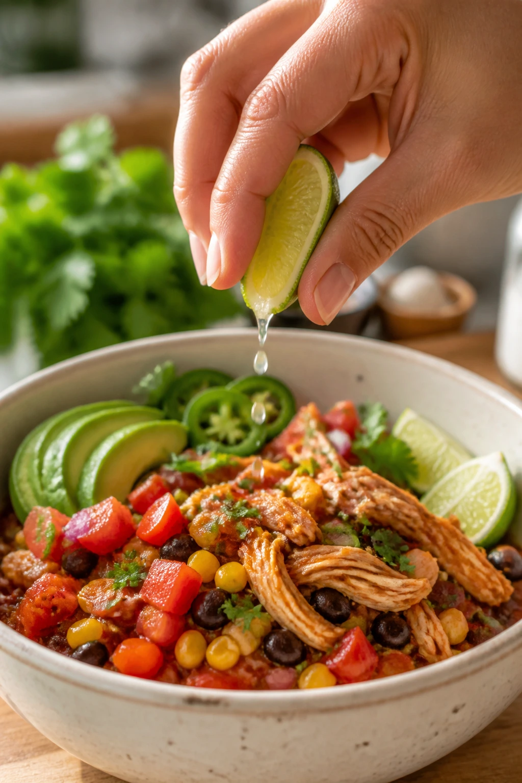 Hand squeezing lime over a vibrant salsa chicken bowl in a sunny kitchen.