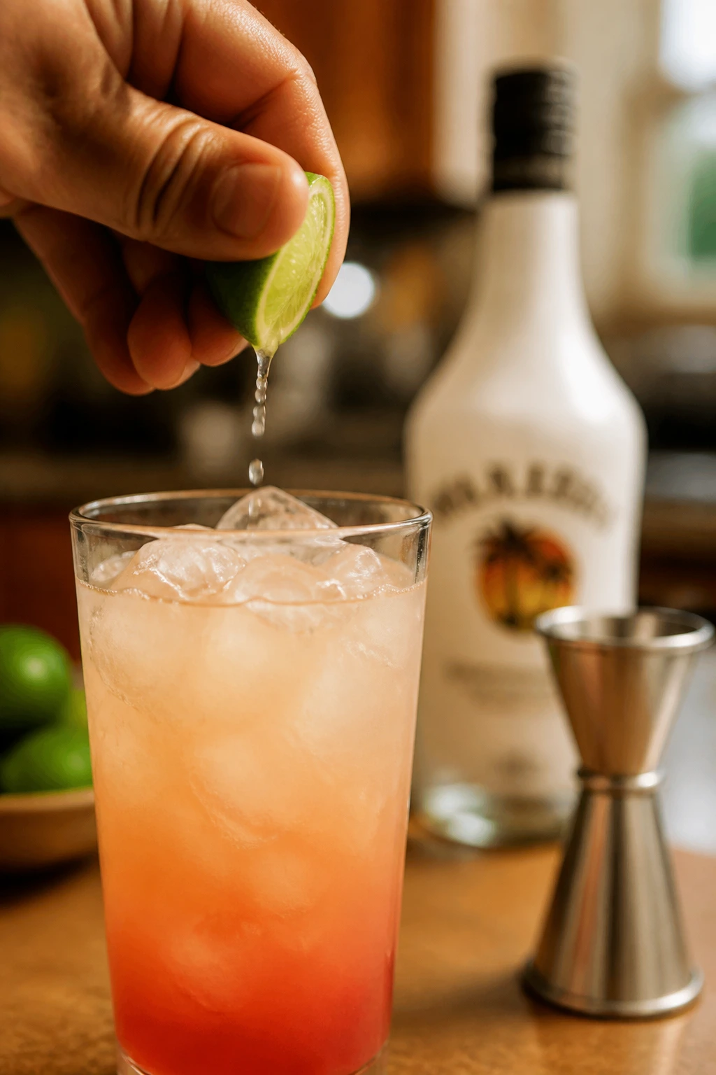 Lime wedge being squeezed over a glass for a small adjustment to a Malibu Bay Breeze