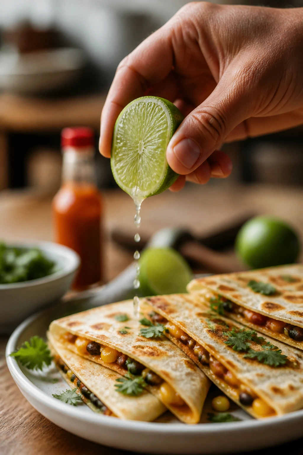 Hand squeezing lime over quesadillas