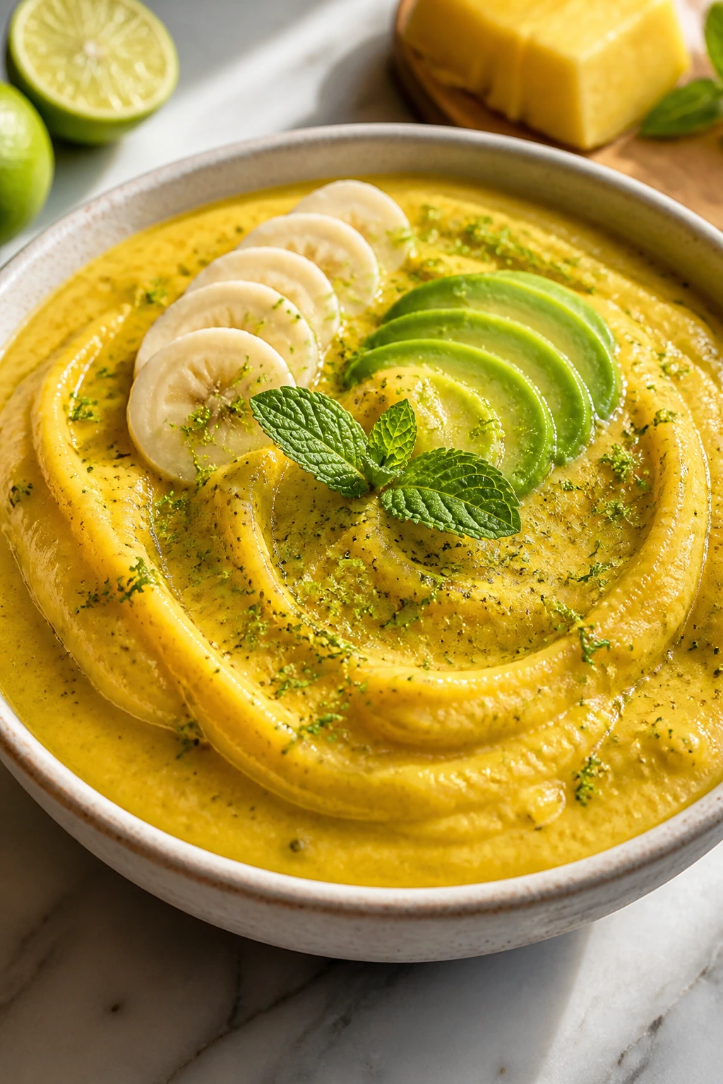 Tropical smoothie bowl with lime zest and mint on top, avocado hint
