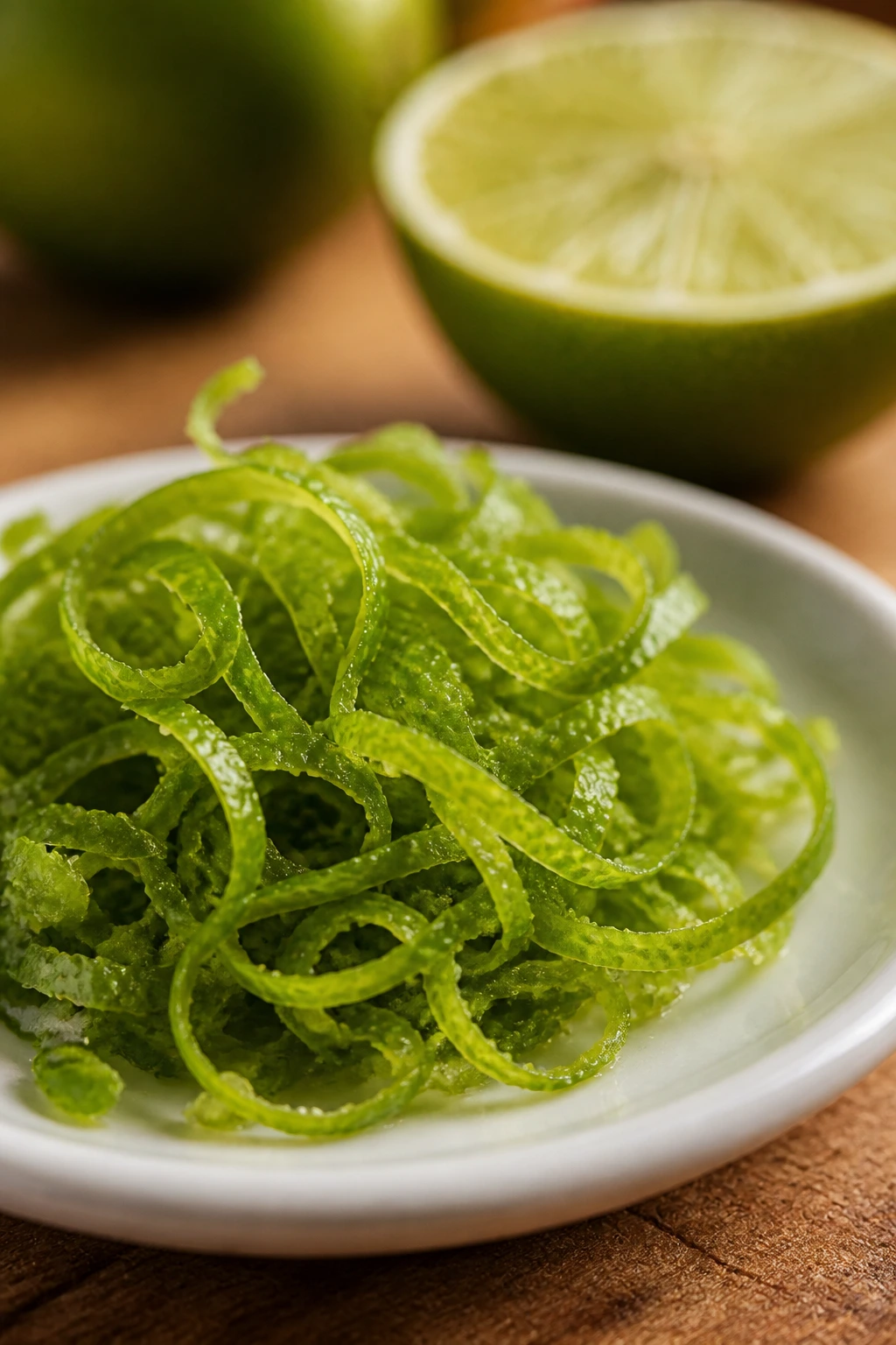 Bright lime zest curls on a dish with a lime half in the background