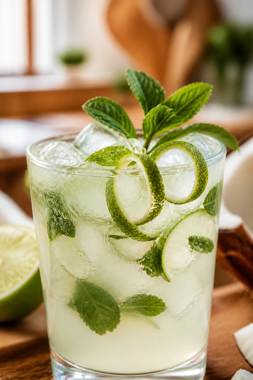 Coconut Mojito with lime zest curling over the rim