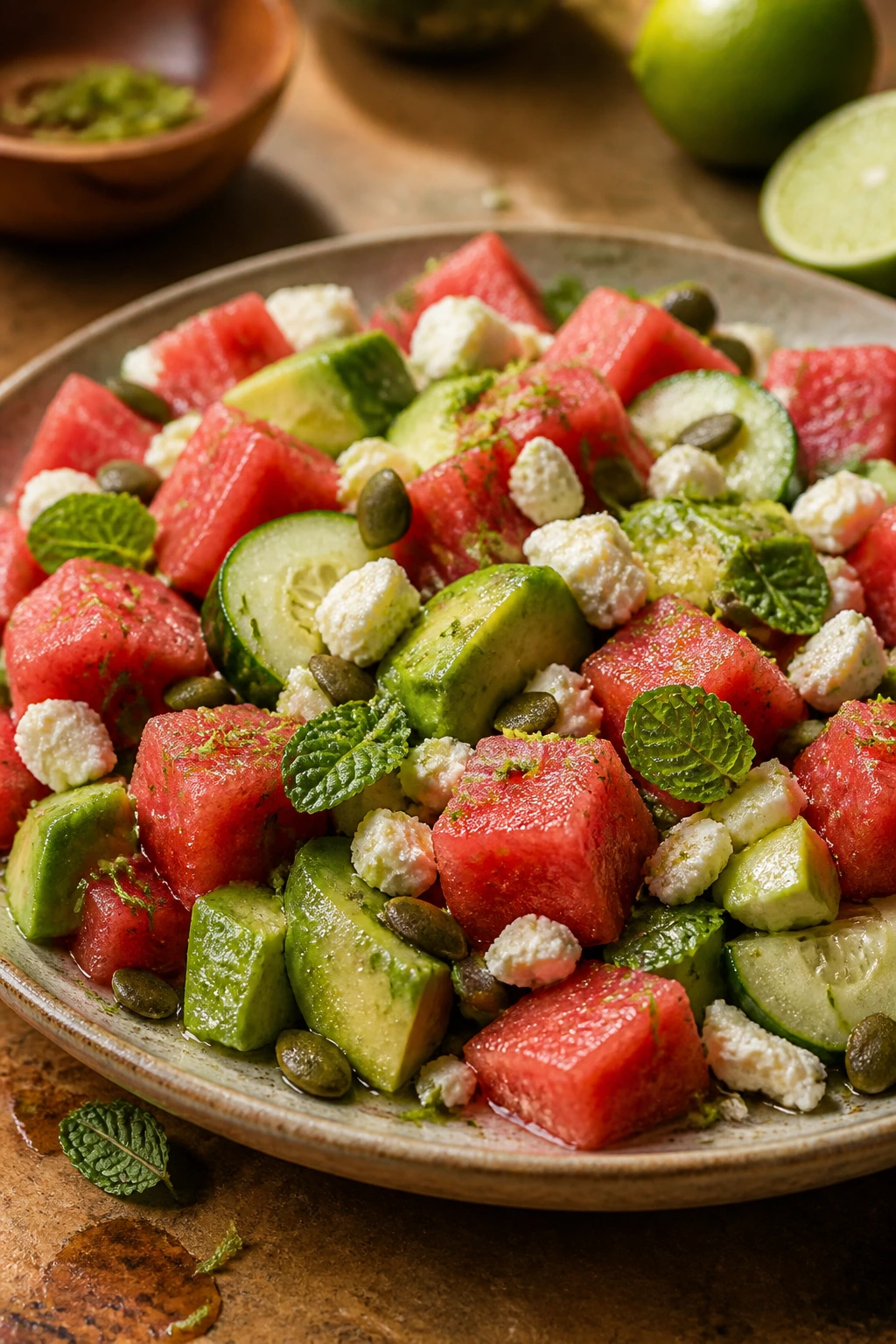 Watermelon feta salad with lime zest on top