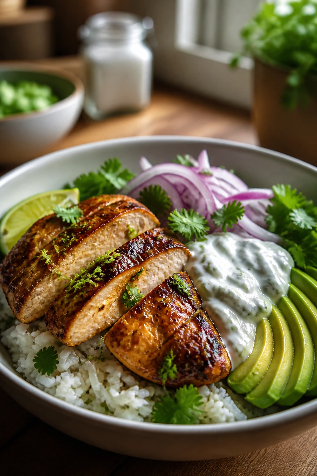 Close-up of a juicy chicken bowl topped with lime zest, yogurt sauce, onion, cilantro, and avocado on rice in a warm kitchen.
