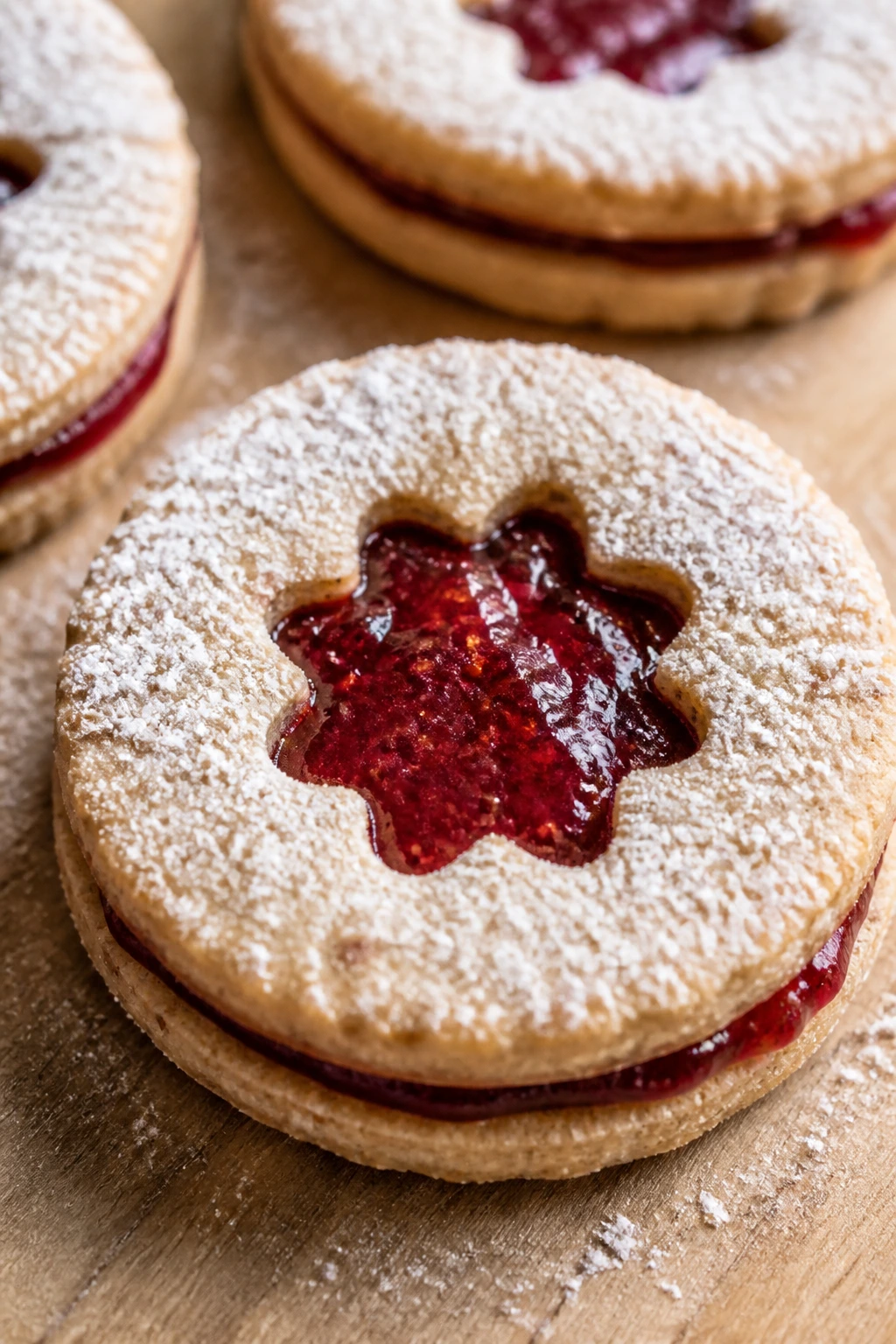 Close-up of a Linzer sandwich cookie with jam window and powdered sugar on a wooden board.