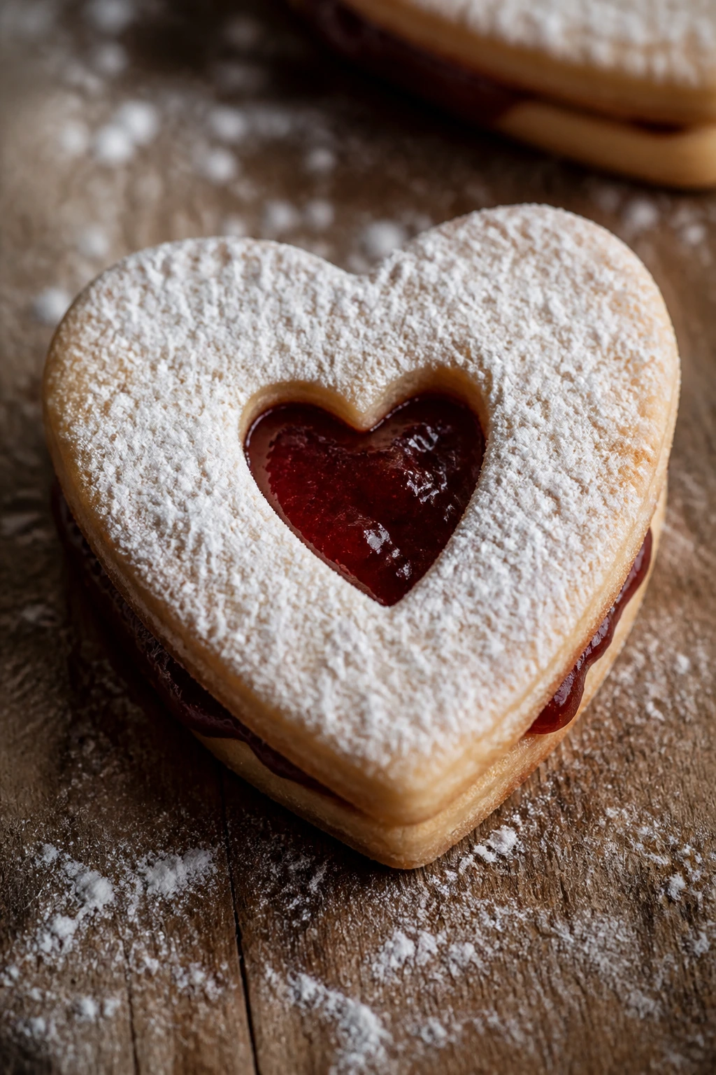 Linzer heart cookie with jam visible through cutout on wood
