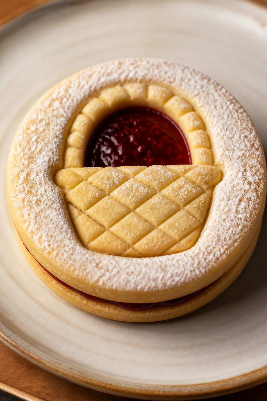 Close-up of Linzer cookie with jam through cutout