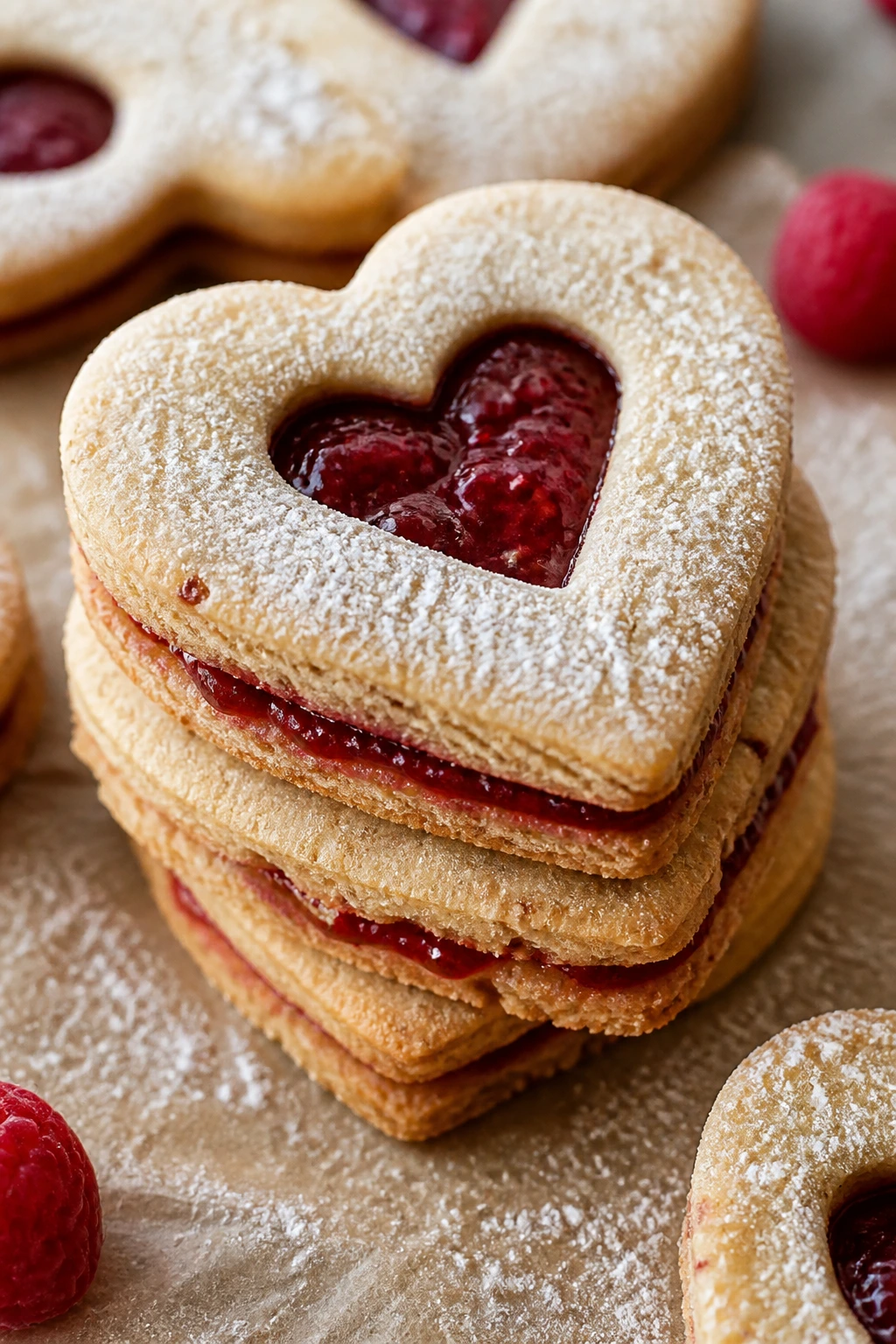 Linzer cookies with jam showing through heart cutouts