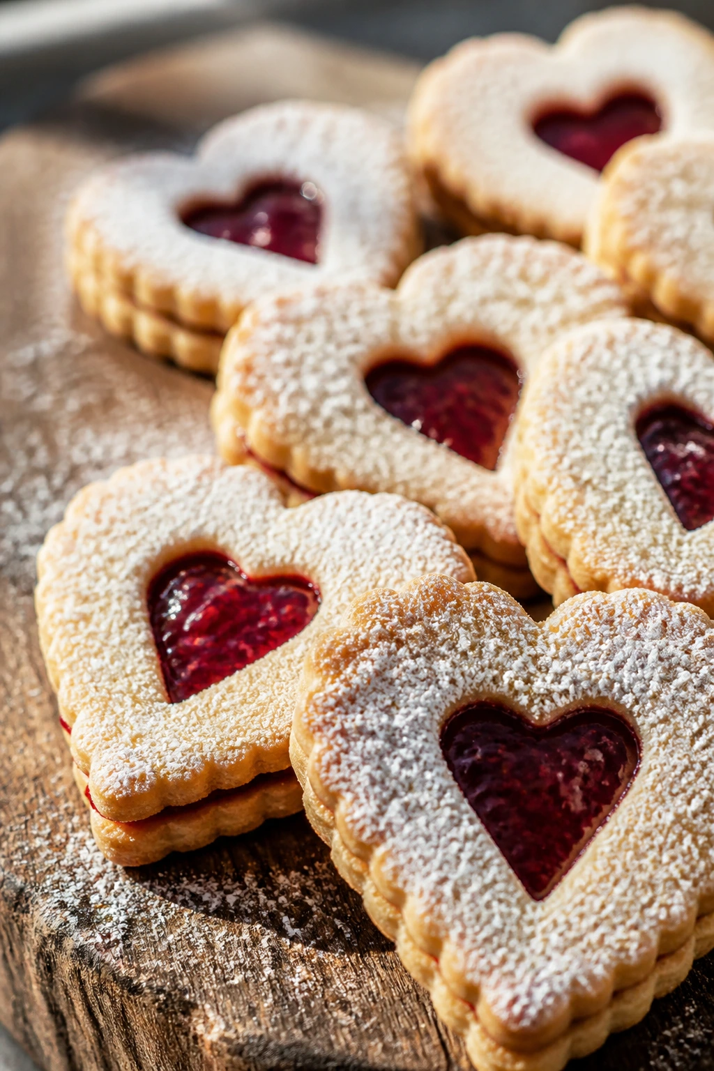 Close-up of heart-shaped linzer cookies with jam windows on a wooden board
