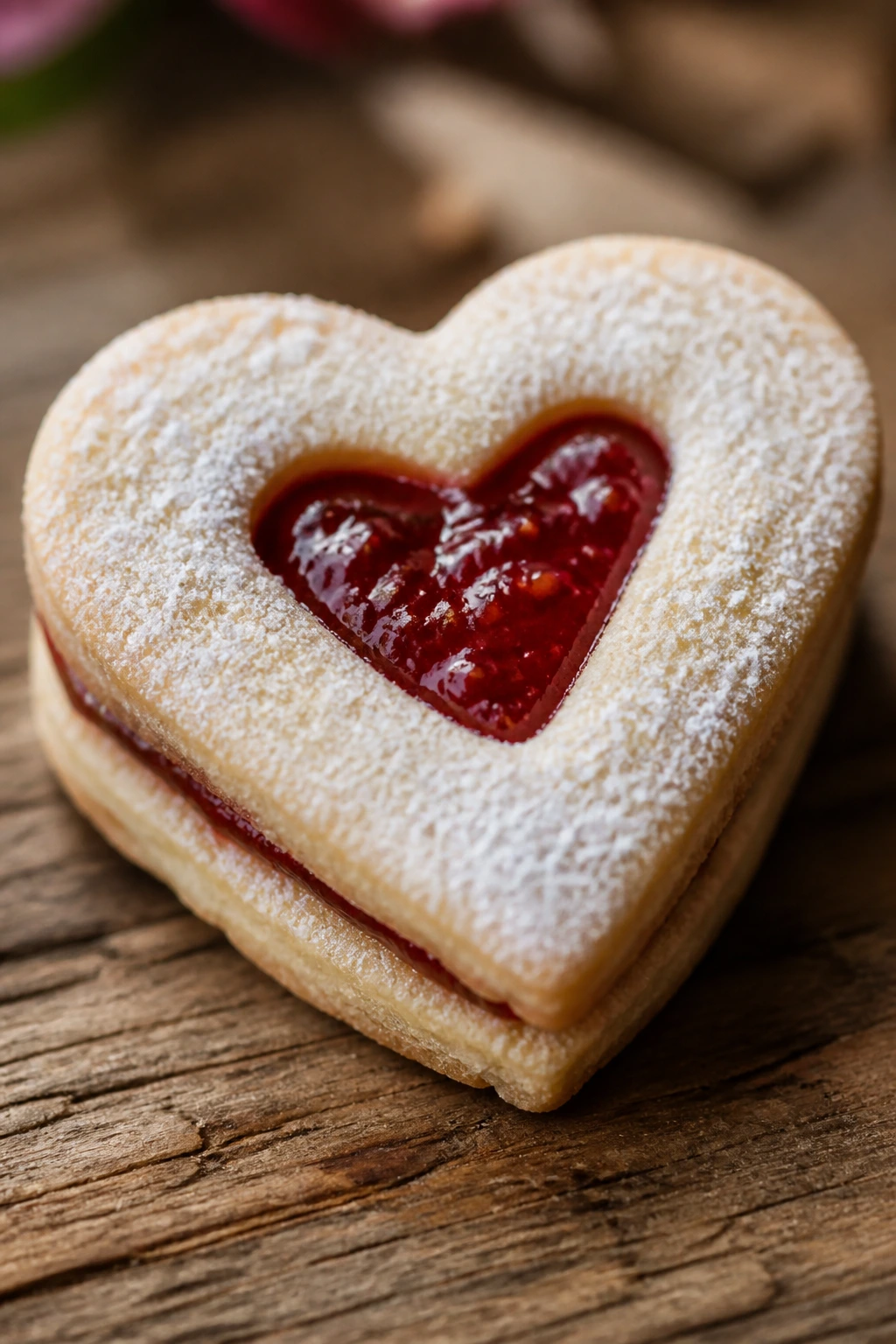 Close-up of a heart-shaped Linzer cookie with jam visible in the cutout.