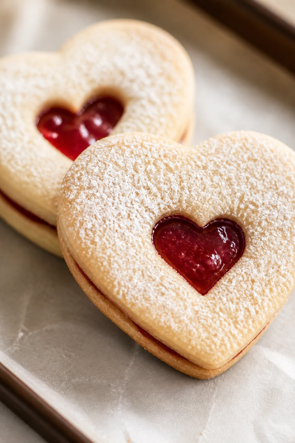 Strawberry Linzer Hearts with jam window on tray.