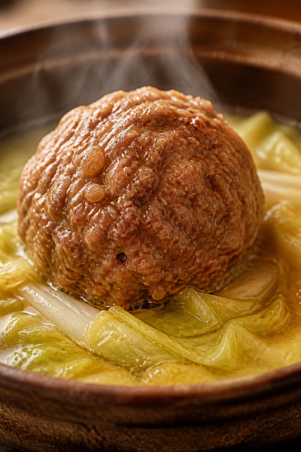 Large pork meatball in broth with napa cabbage