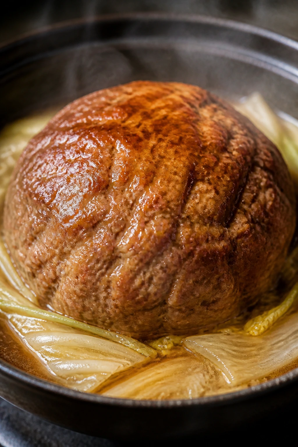 Close-up of a large pork meatball with napa cabbage in braising liquid