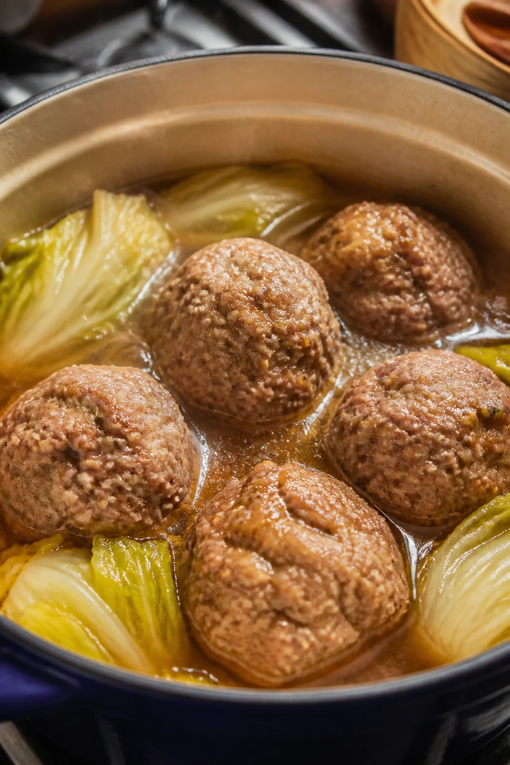 Large pork meatballs in broth with cabbage