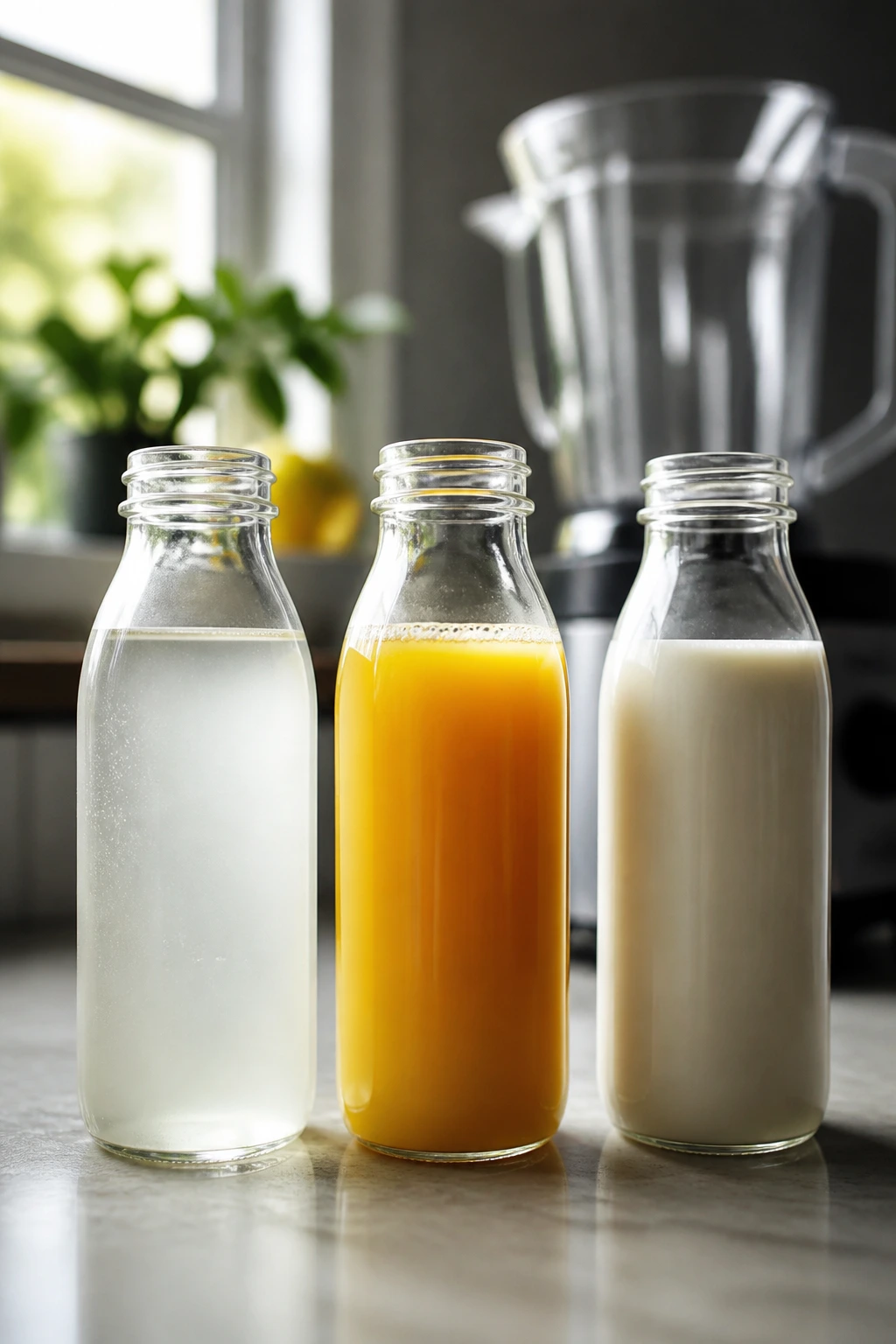 Three clear containers with different liquids and a blurry blender in the background