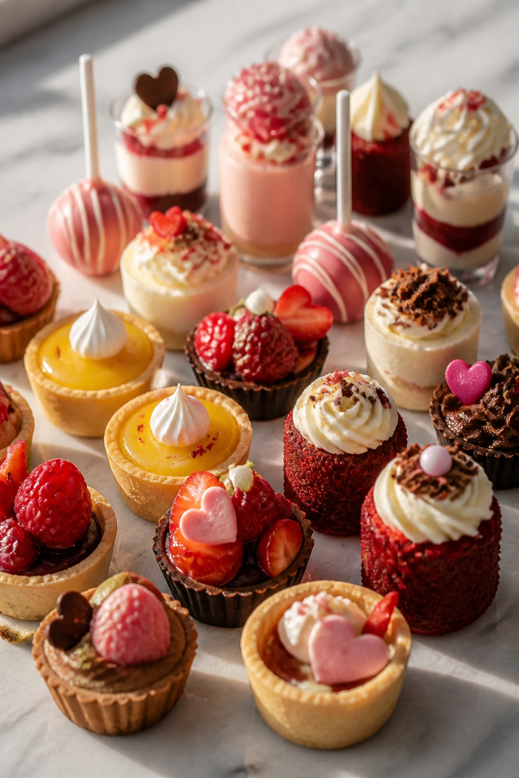 Close-up of a colorful little-desserts spread on a sunlit kitchen table