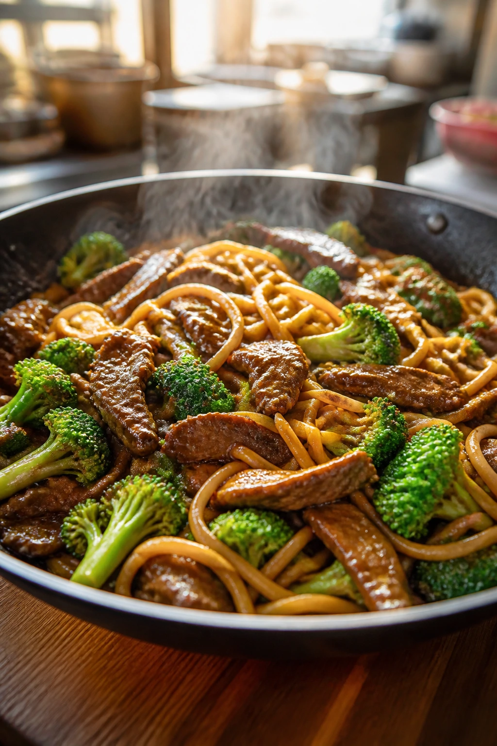 Lo mein with beef and broccoli on a large serving platter