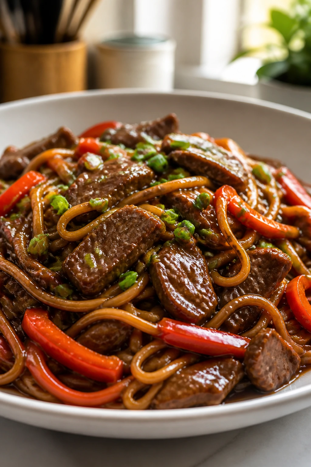 Close-up of beef and lo mein noodles in glossy sauce