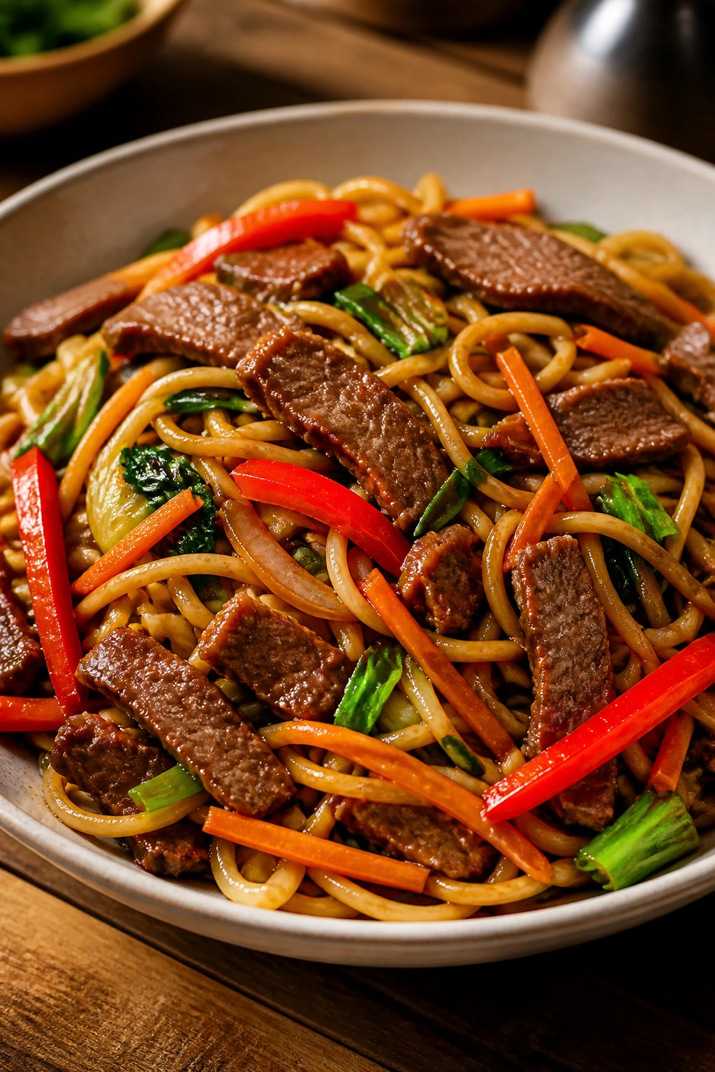 Close-up of Beef Lo Mein with beef and vegetables
