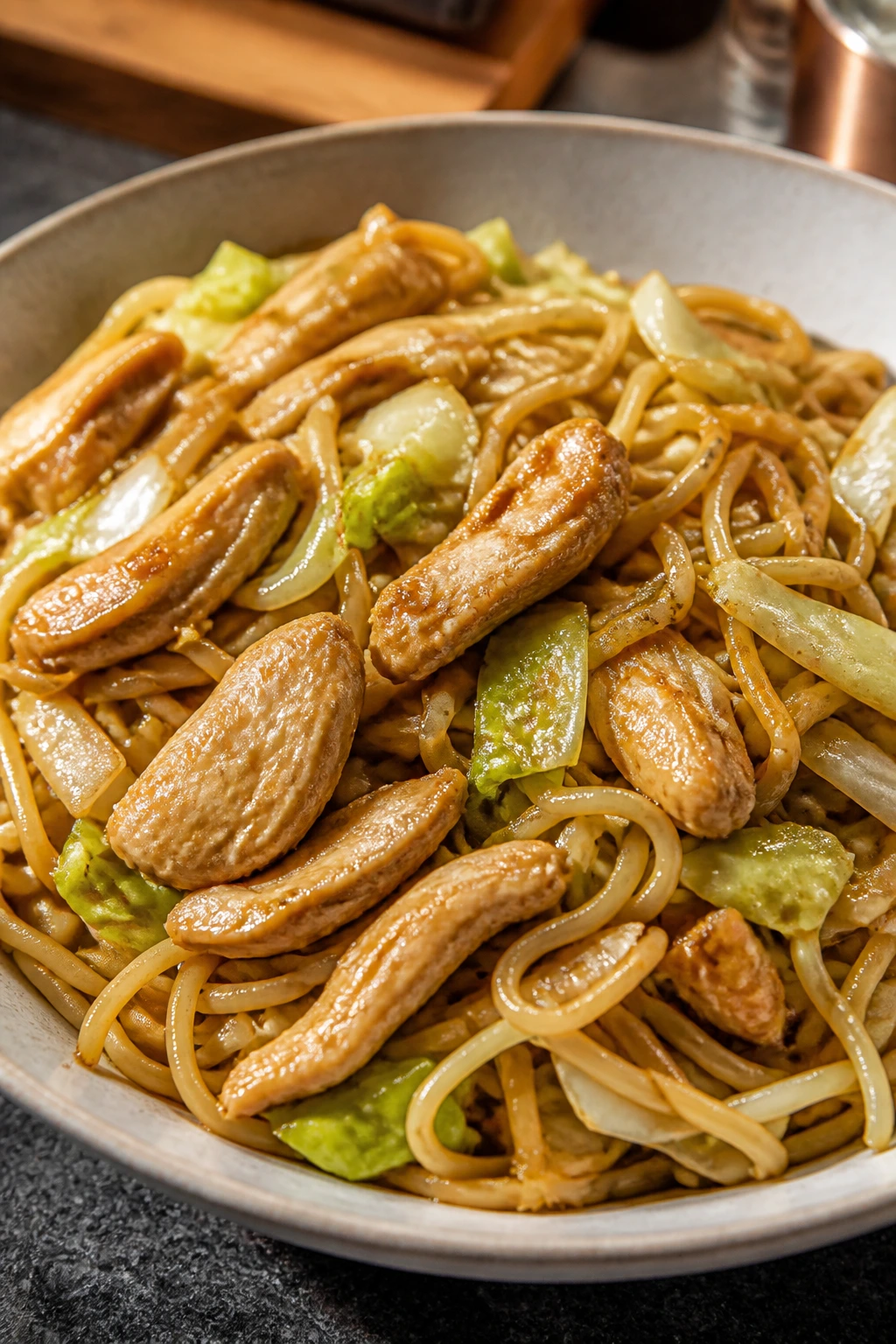 Lo mein noodles with chicken and cabbage in sauce