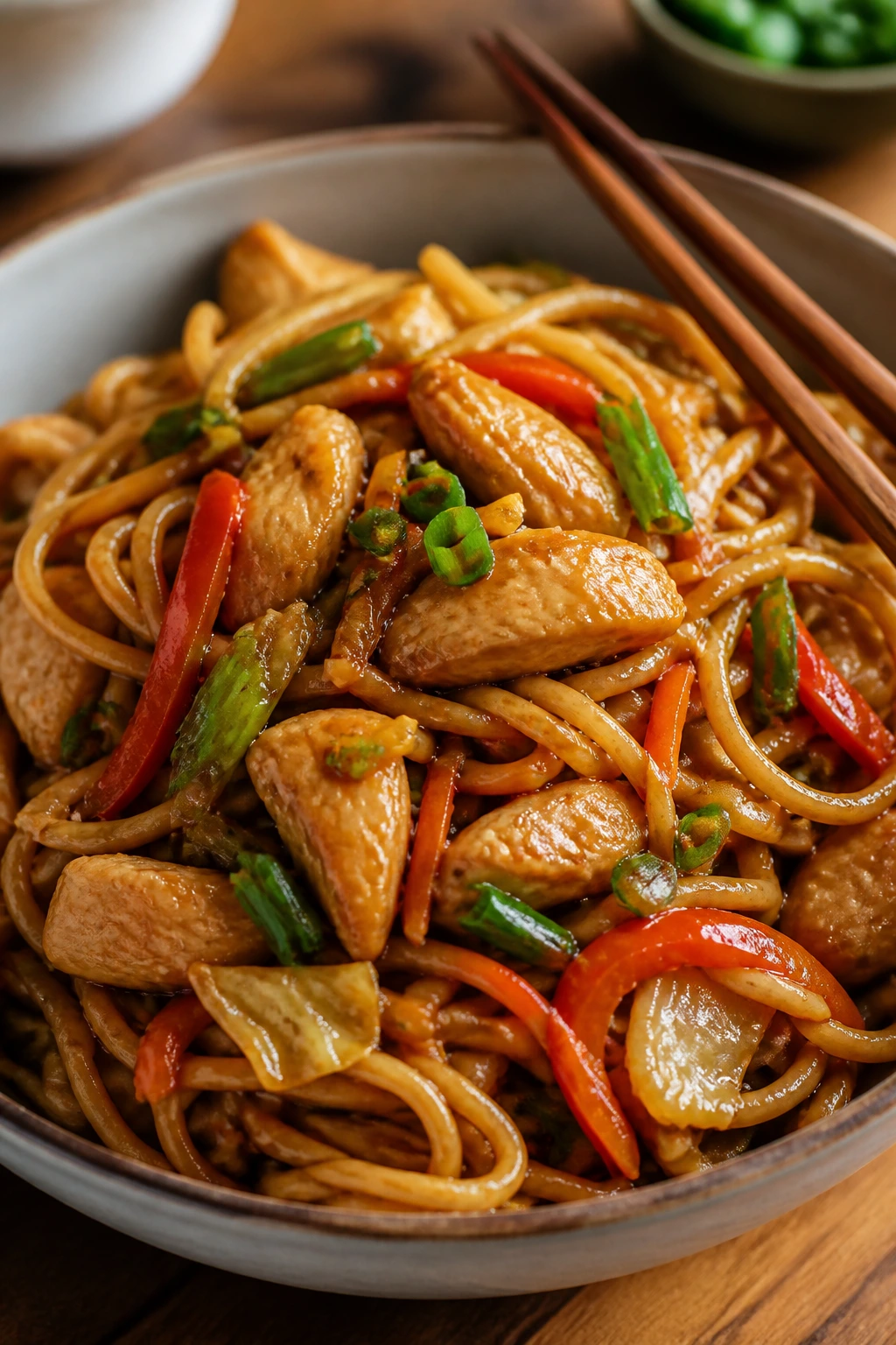 Close-up of lo mein chicken in a bowl with vegetables