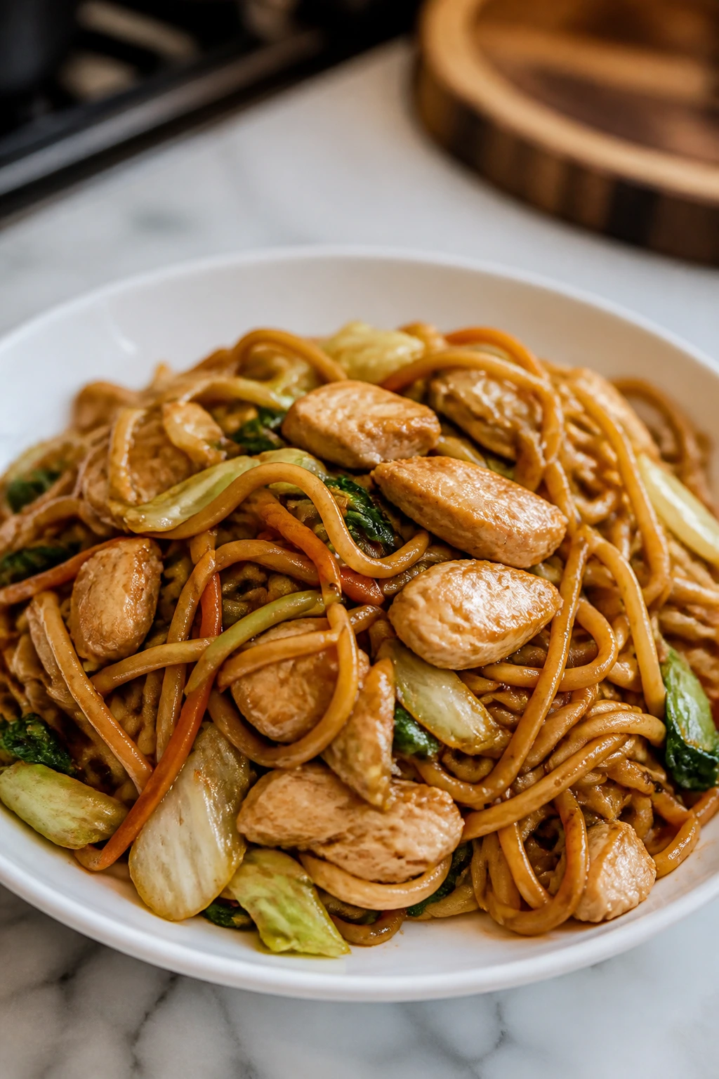 Close-up of chicken lo mein noodles with vegetables on plate