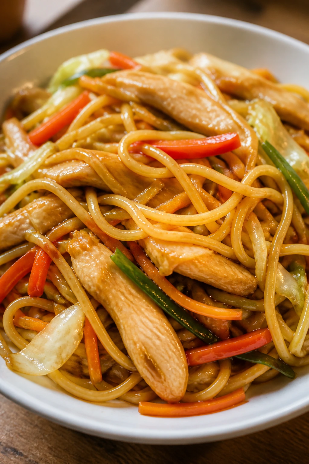 Lo mein with chicken and vegetables in glossy sauce