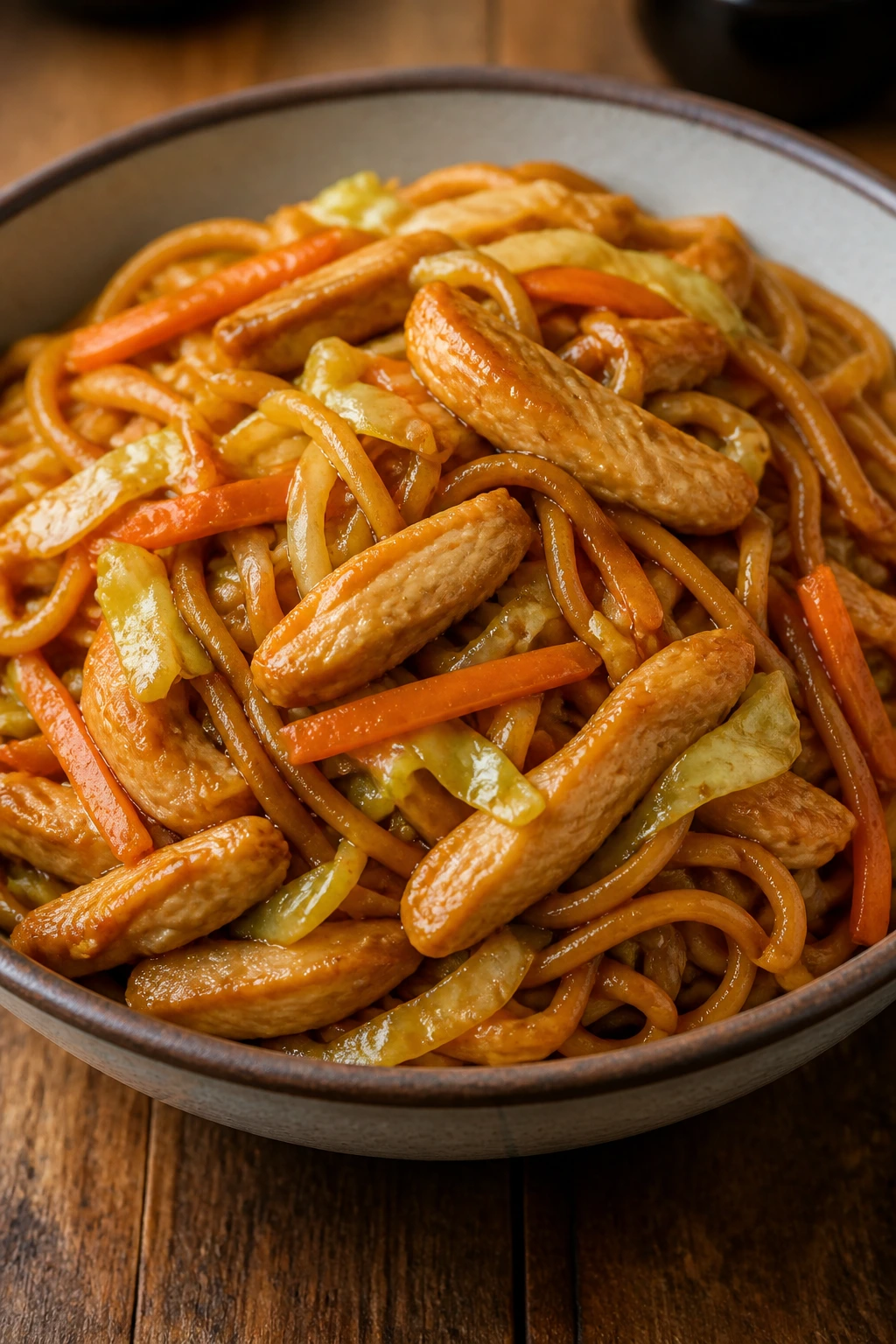 Chicken lo mein with cabbage and carrots in a glossy sauce