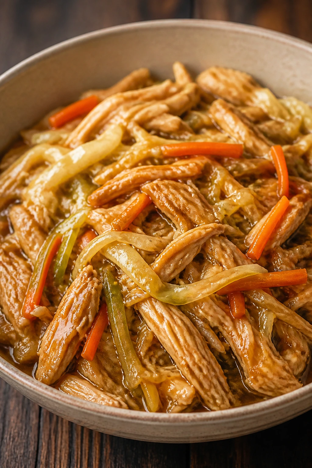 Close-up of chicken lo mein filling in a bowl