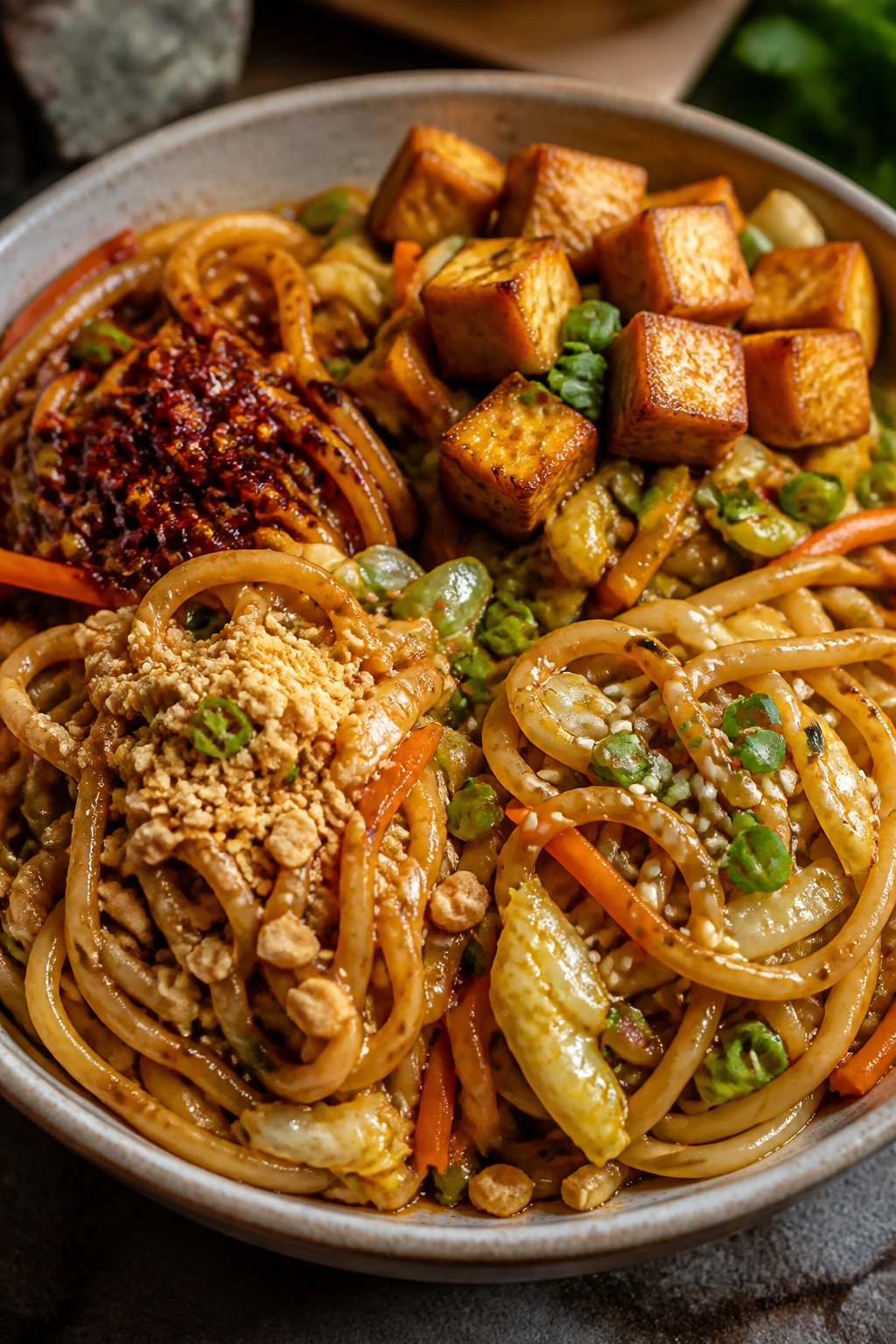 Lo mein bowl with four flavor zones showing different moods