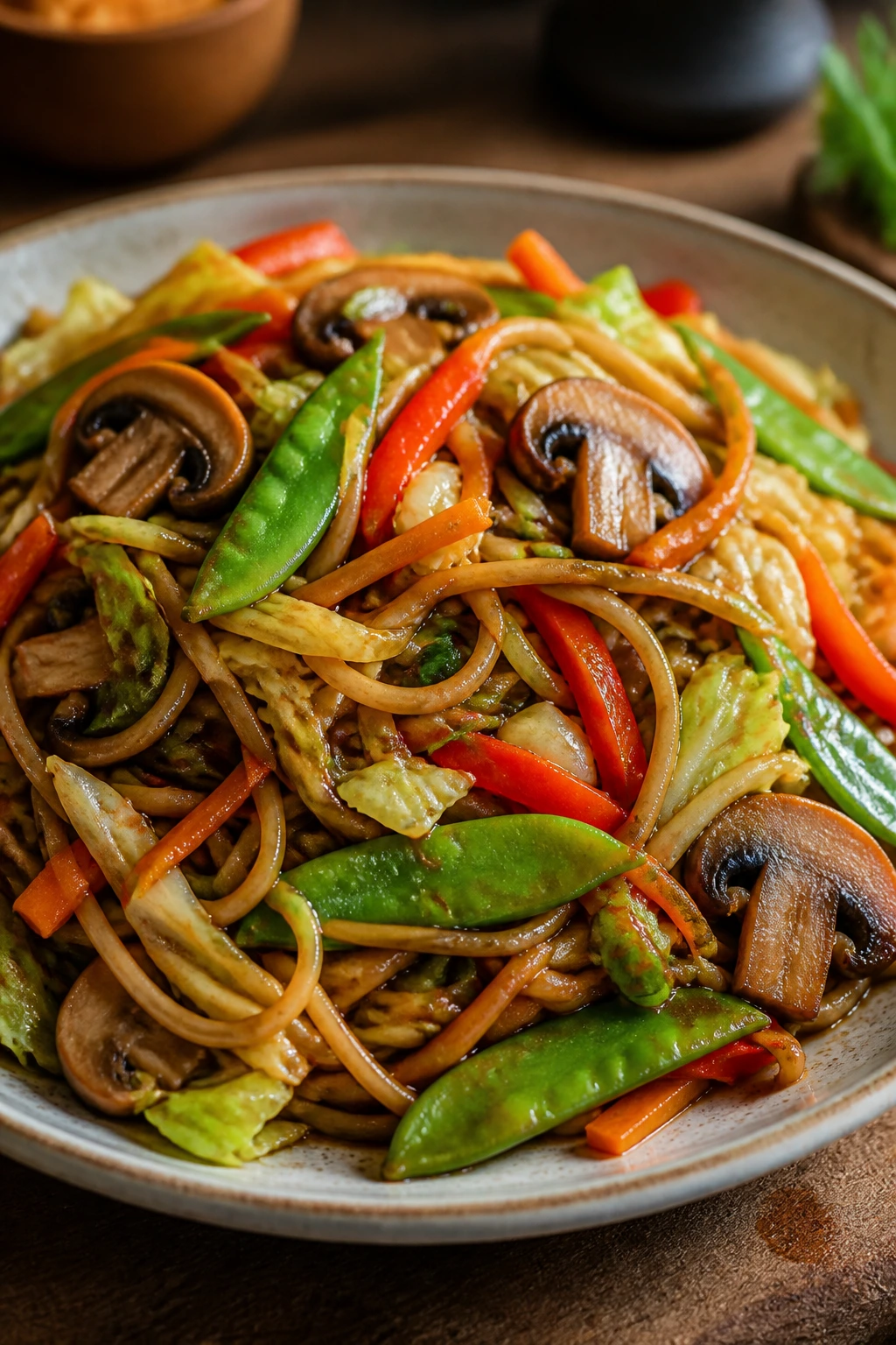 Plate of vegetable lo mein with mushrooms and colorful vegetables