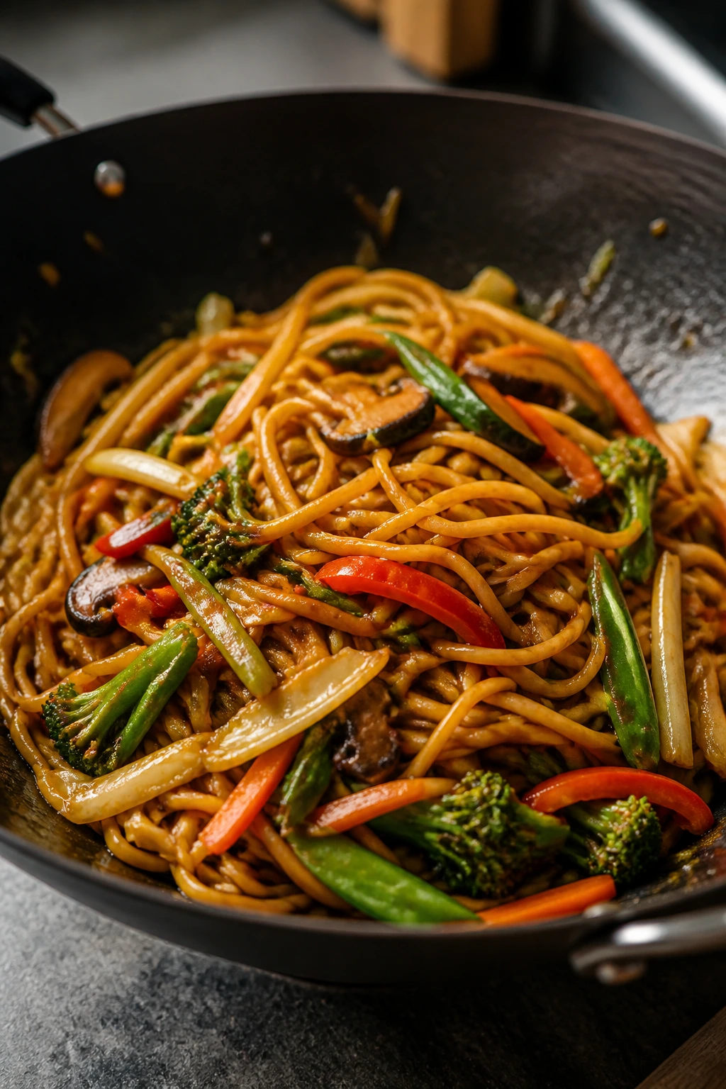 Close-up of veggie lo mein noodles with crisp vegetables in a wok