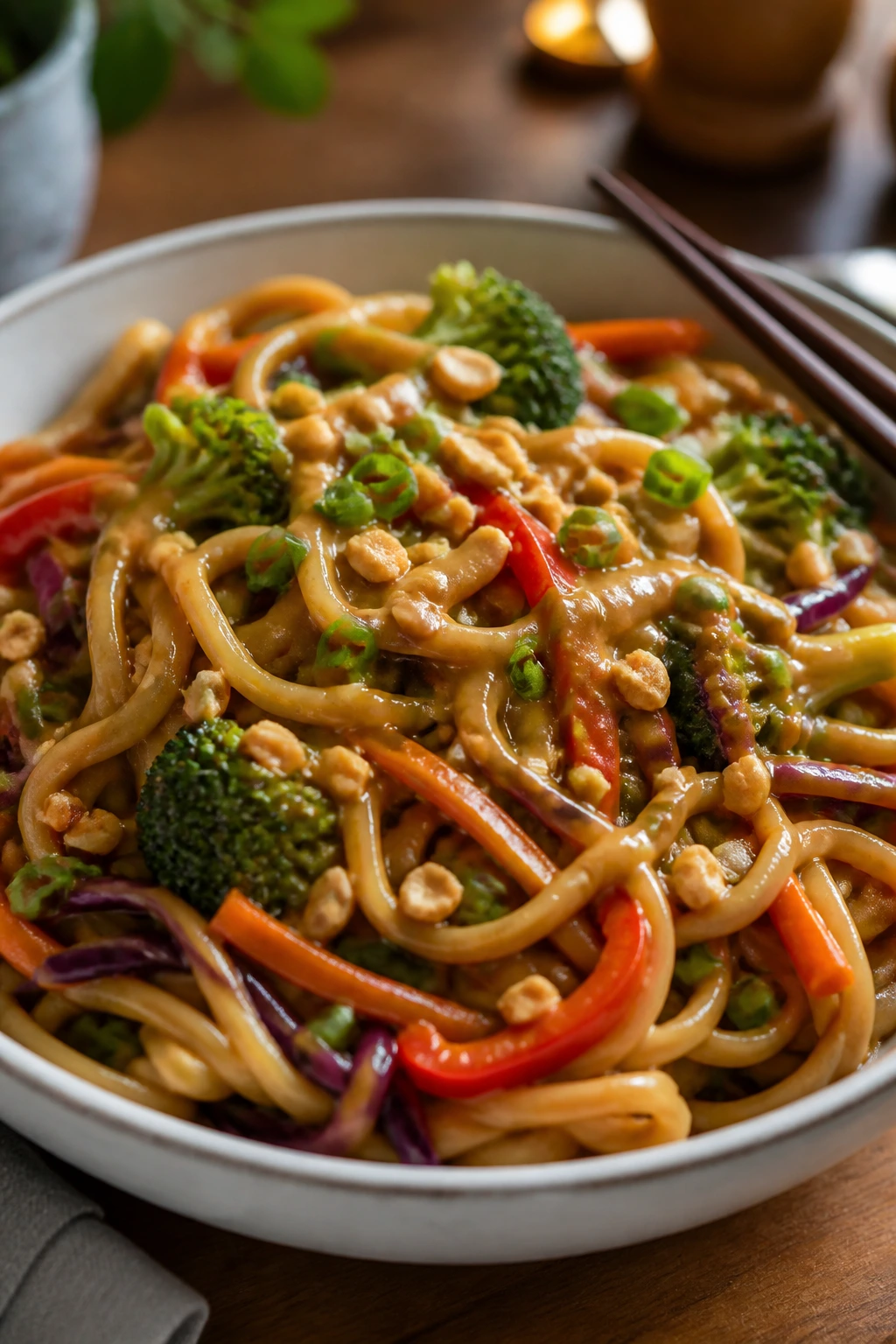 Bowl of vegetable lo mein with peanut sauce and colorful vegetables