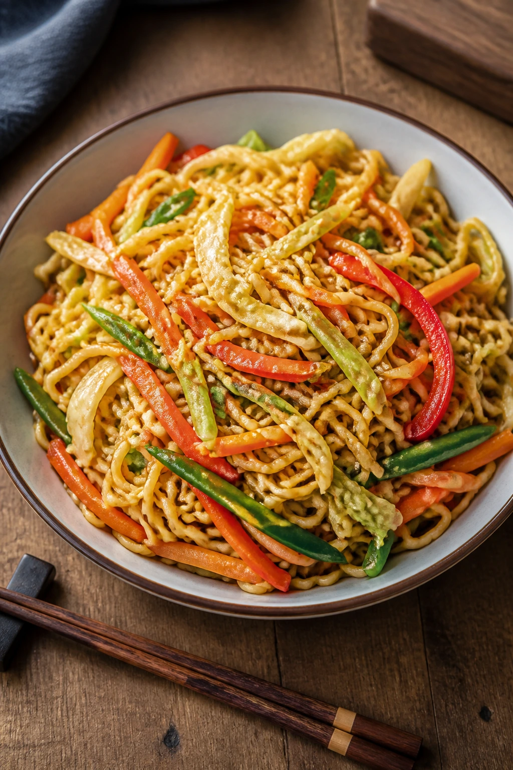 Plate of vegetable lo mein with ramen noodles and colorful vegetables