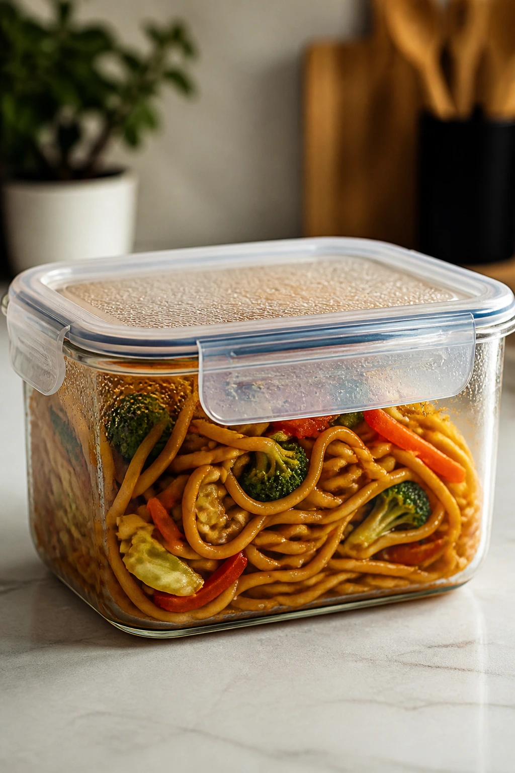 Sealed container of lo mein stored in a kitchen