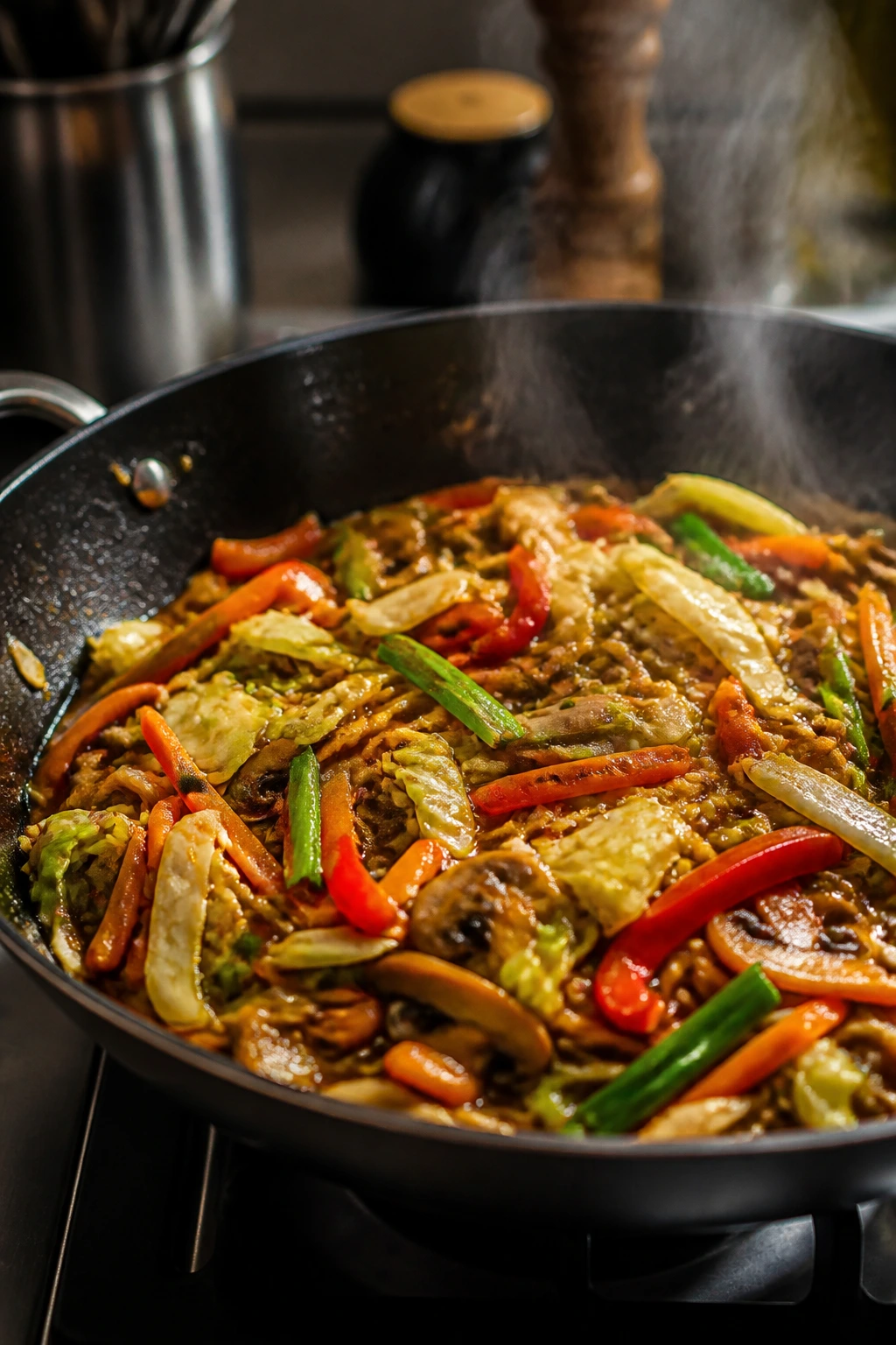 Skillet of vegetables in glossy lo mein sauce showing crisp texture